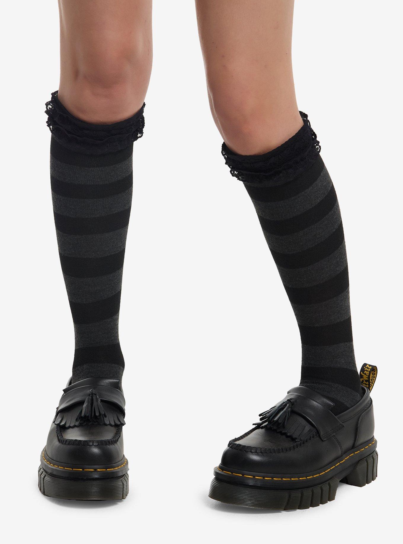 Black & Grey Stripe Lace Trim Knee-High Socks, , hi-res