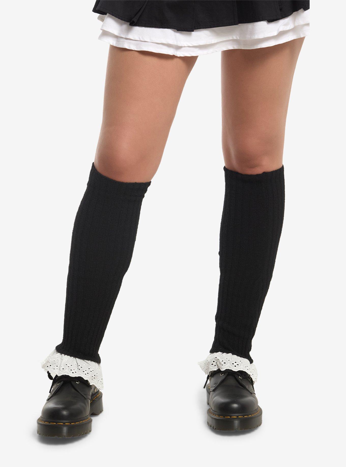 Black Ribbed White Eyelet Lace Leg Warmers, , hi-res