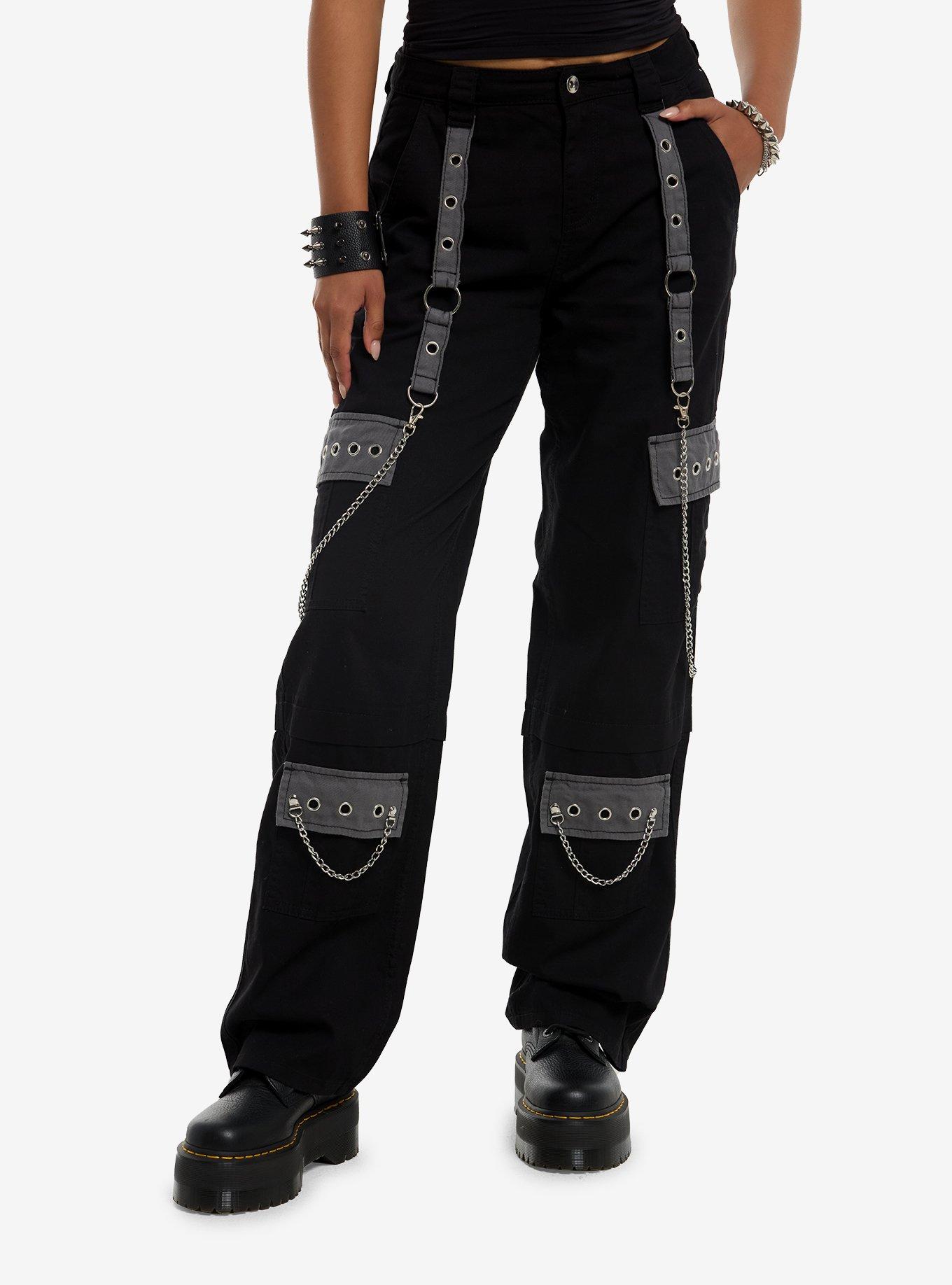 Social Collision Black & Grey Grommet Suspender Wide Leg Pants, , hi-res
