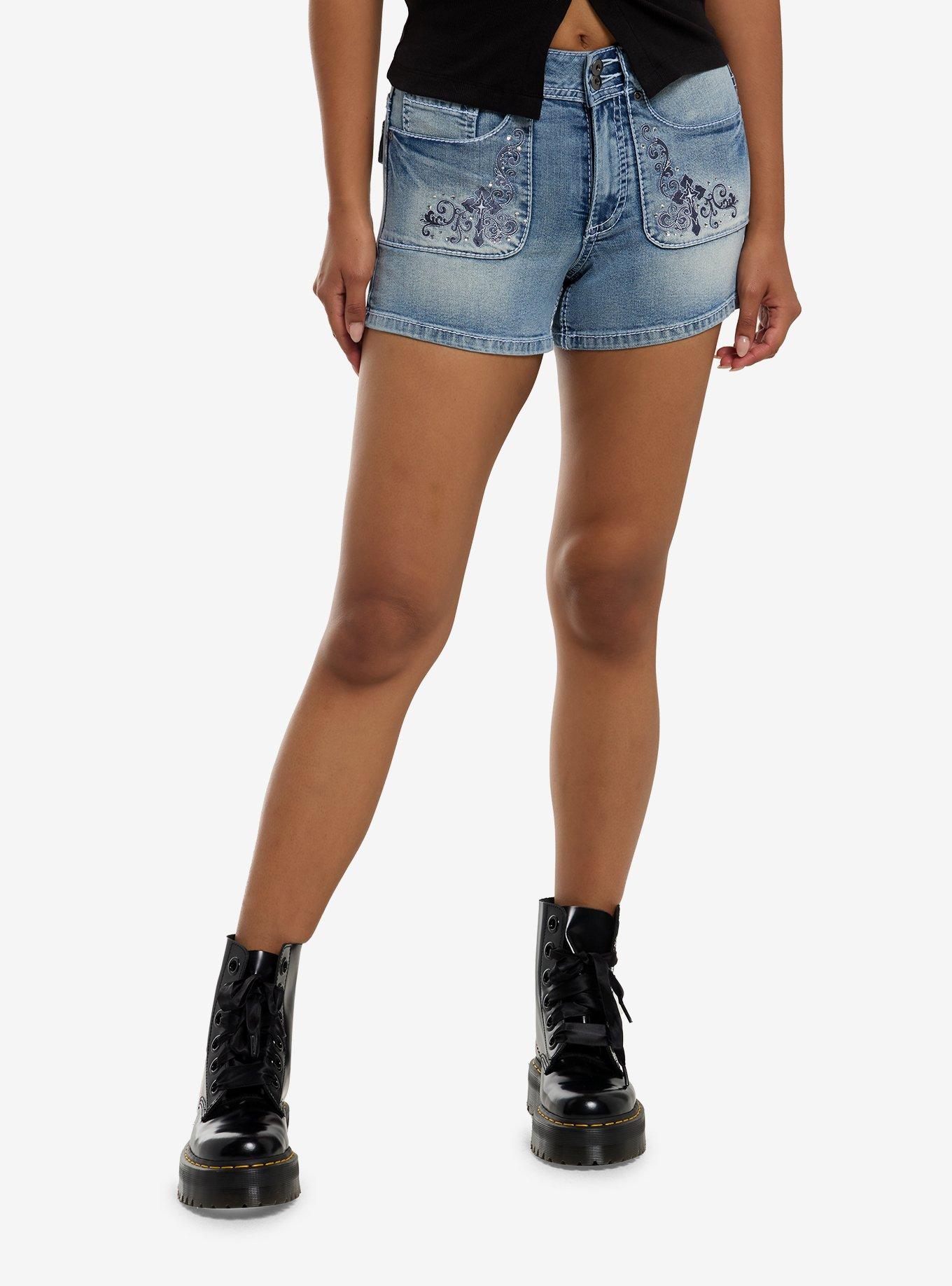 Social Collision Cross Filigree Low Rise Denim Shorts, , hi-res