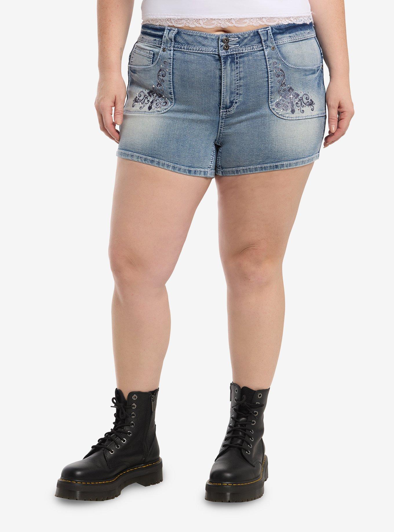 Social Collision Cross Filigree Low Rise Denim Shorts Plus Size, , hi-res