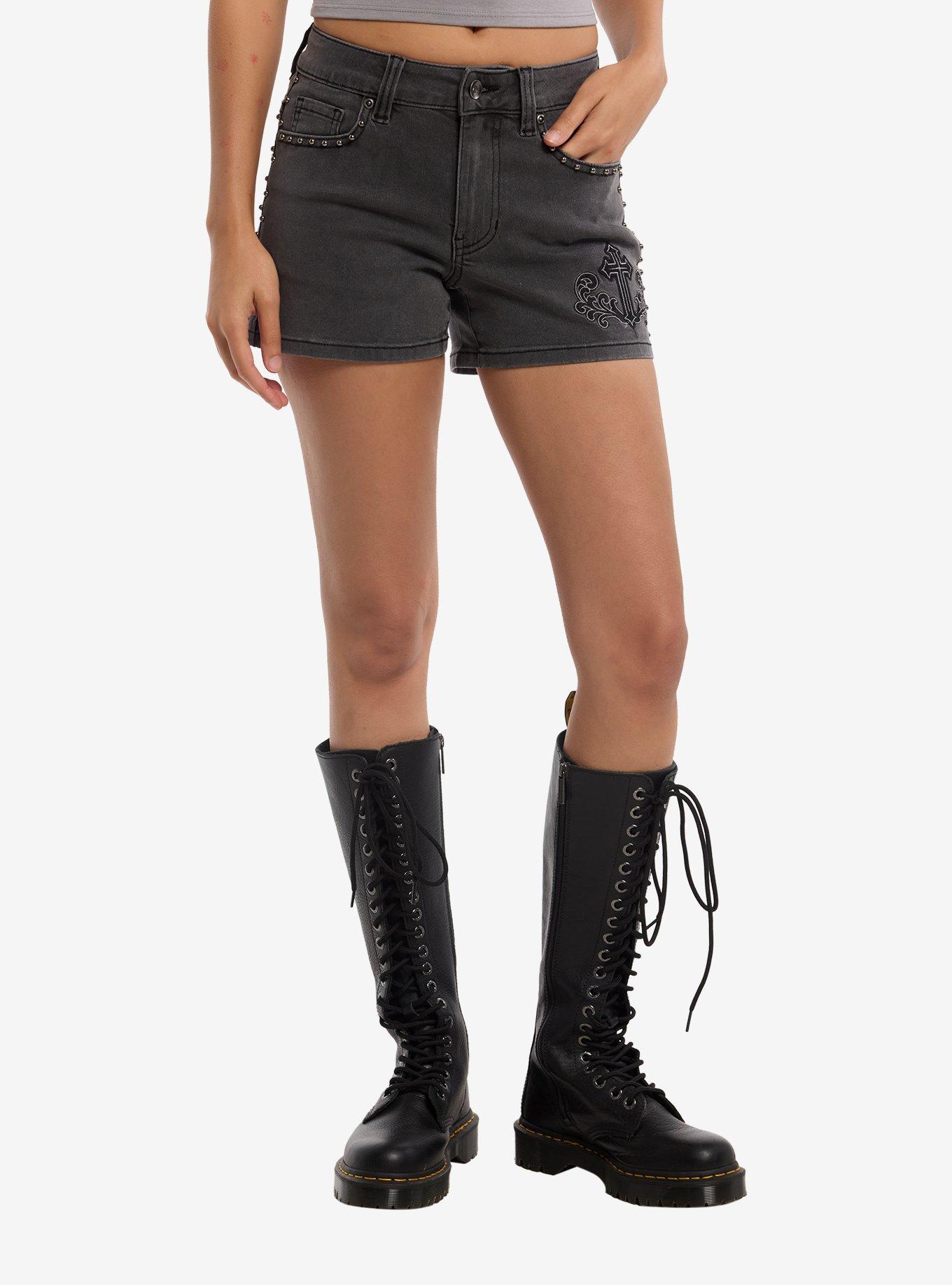 Social Collision Grey Cross Stud Low Rise Shorts, , hi-res