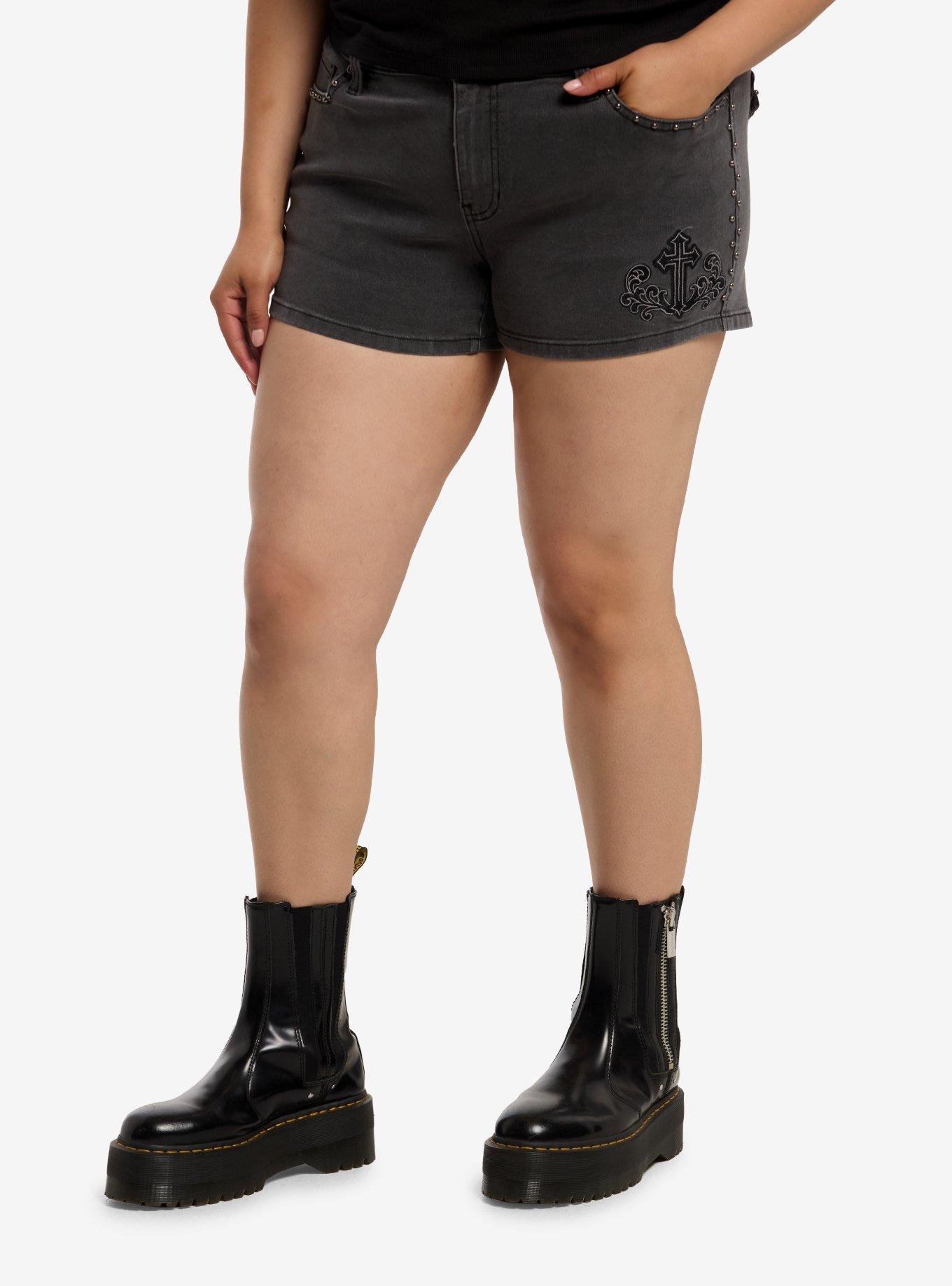 Social Collision Grey Cross Stud Low Rise Shorts Plus Size, , hi-res