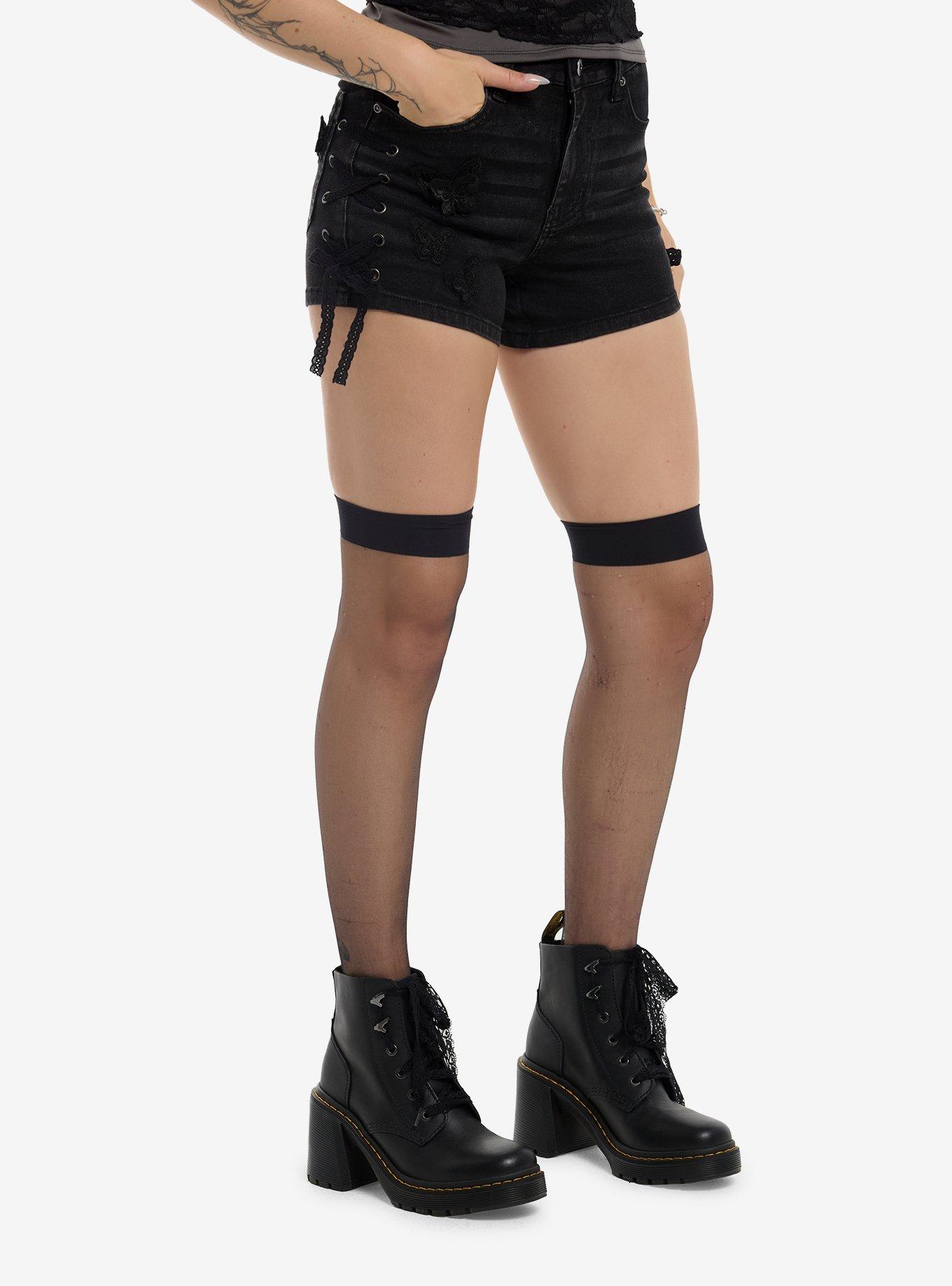 Cosmic Aura Black Butterfly Applique Lace-Up  Denim Shorts, , hi-res