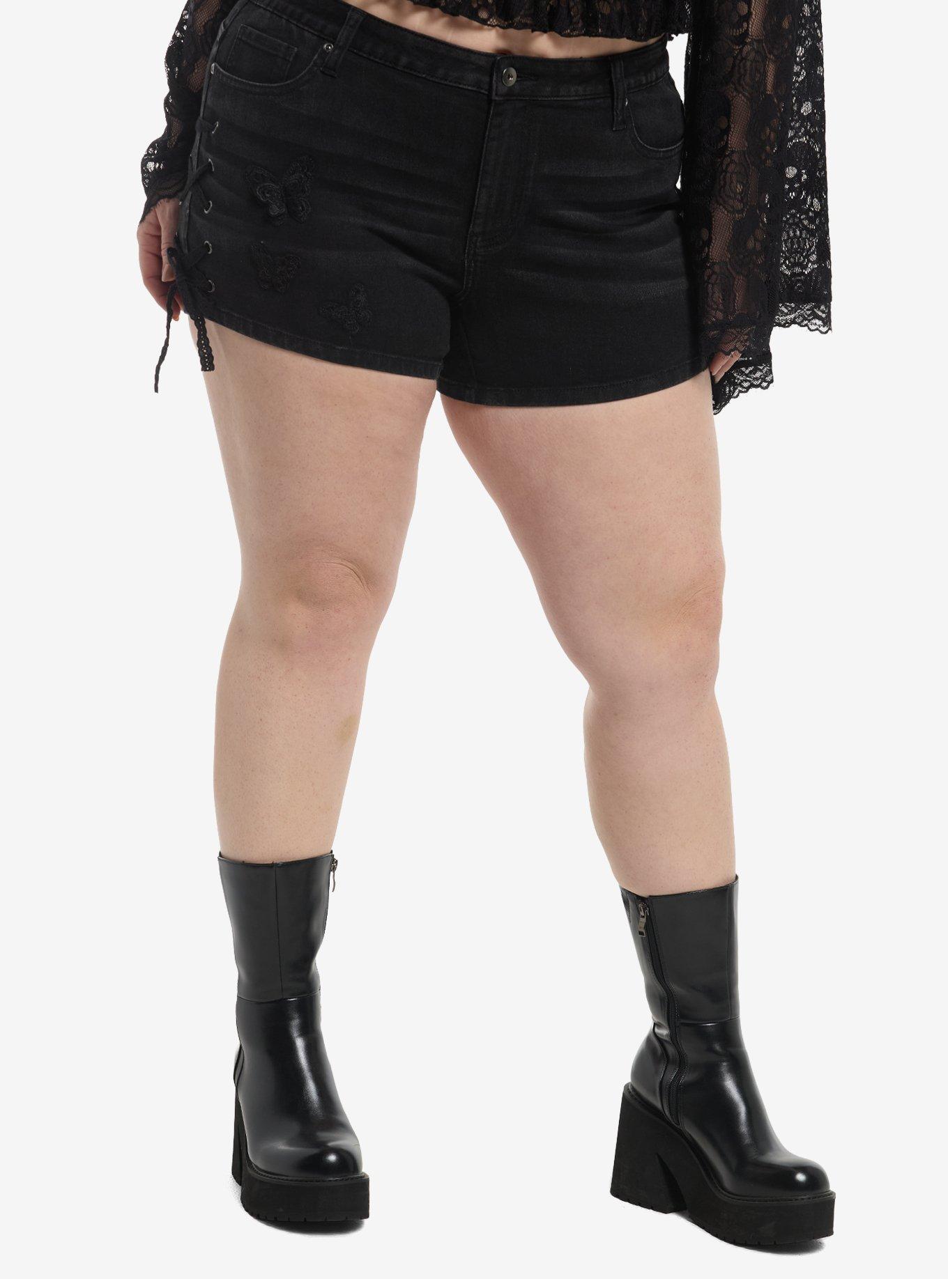 Cosmic Aura Black Butterfly Applique Lace-Up Denim Shorts Plus Size, , hi-res