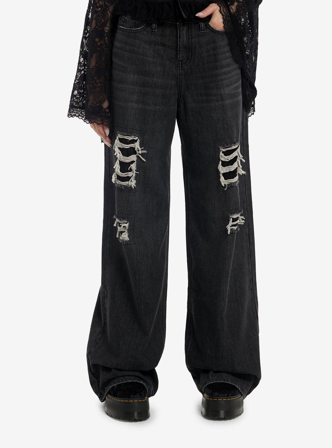 Cosmic Aura Black Lace Distressed Wide Leg Jeans, , hi-res