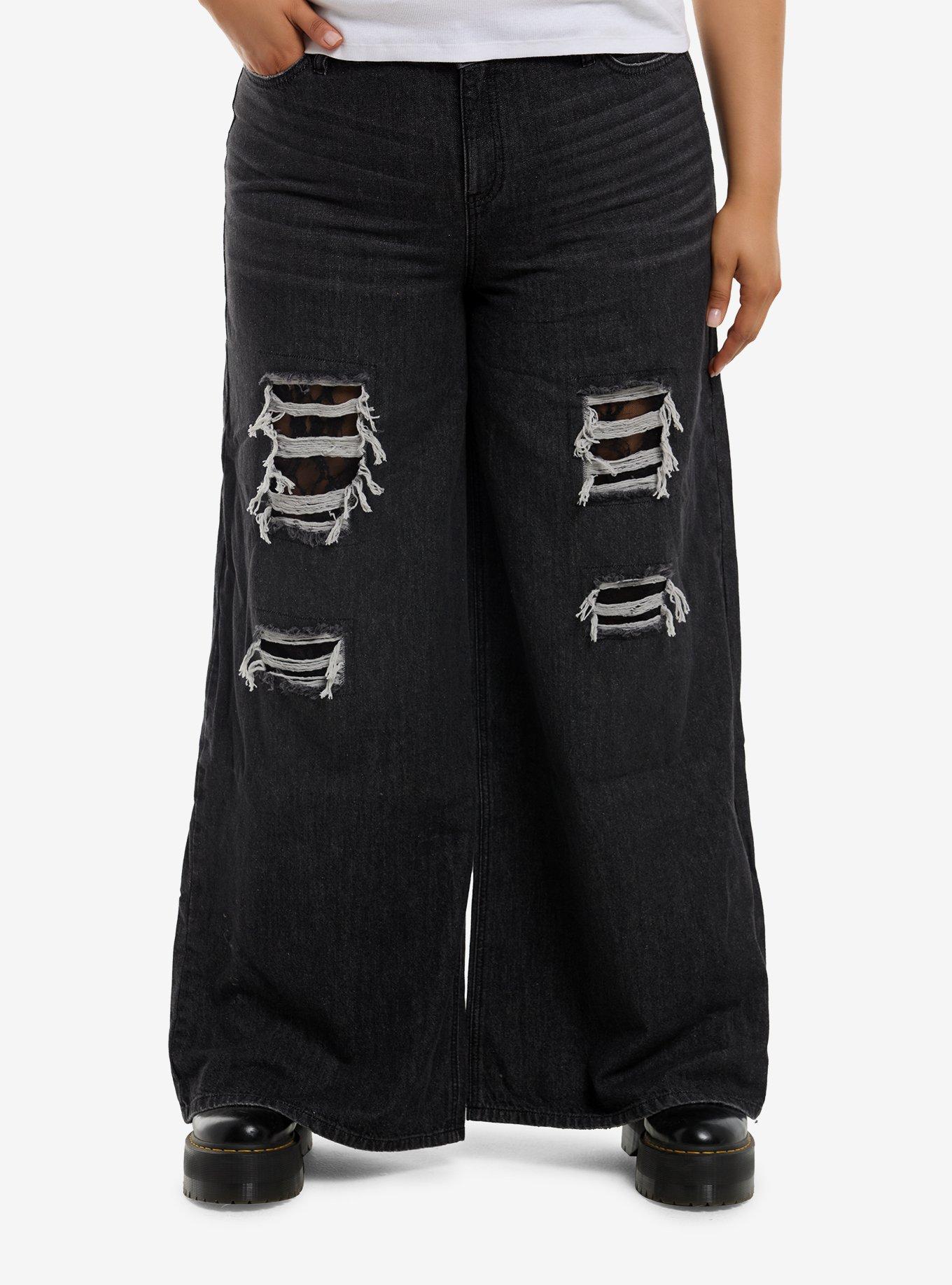 Cosmic Aura Black Lace Distressed Wide Leg Jeans Plus Size | Hot Topic