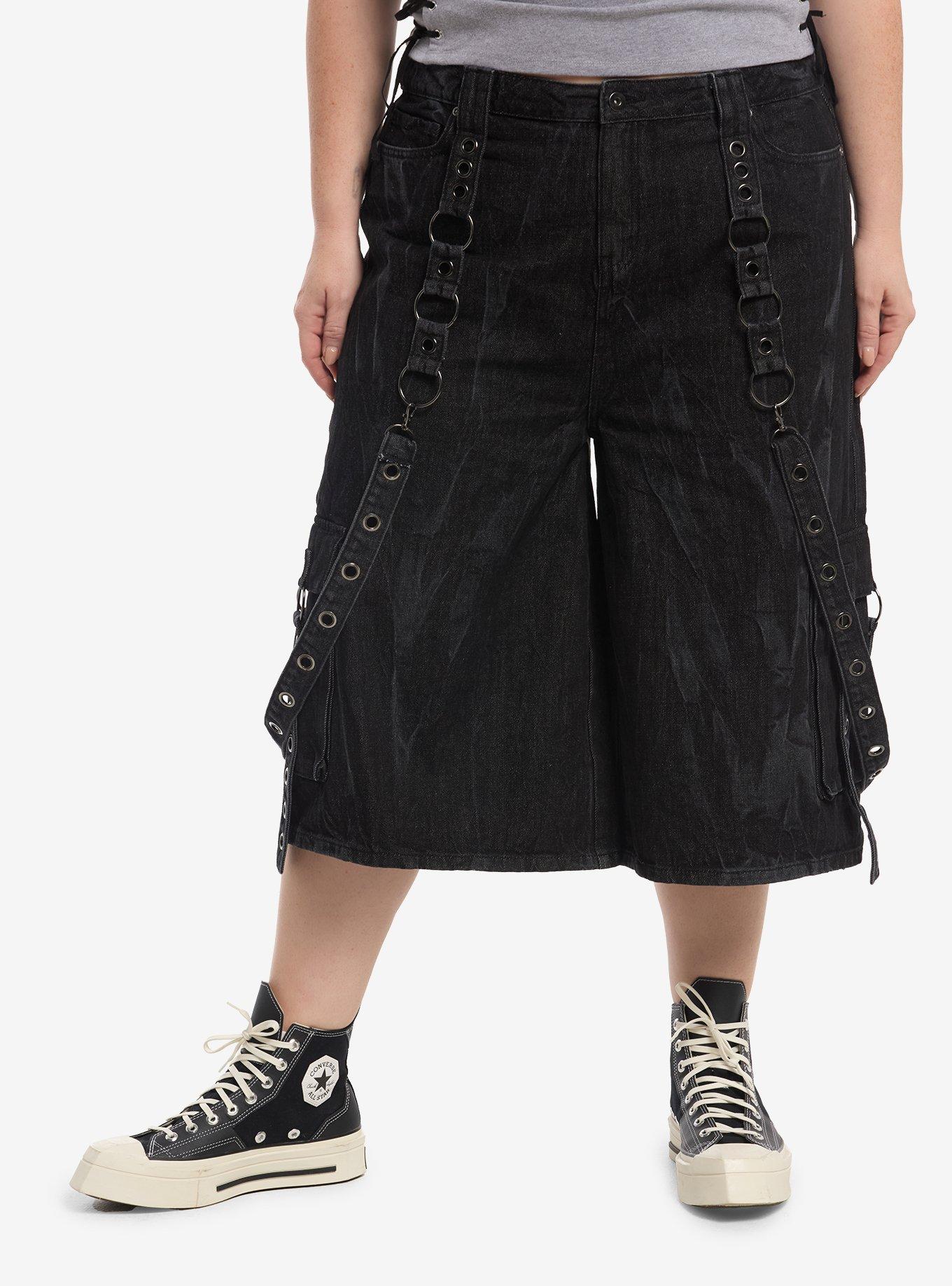 Social Collision Grey Wash Grommet Suspender Cargo Jorts Plus Size, , hi-res