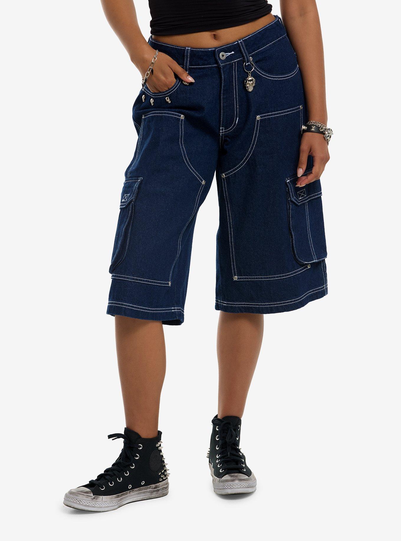 Sweet Society Dark Indigo Skull Charm Cargo Jorts, , hi-res
