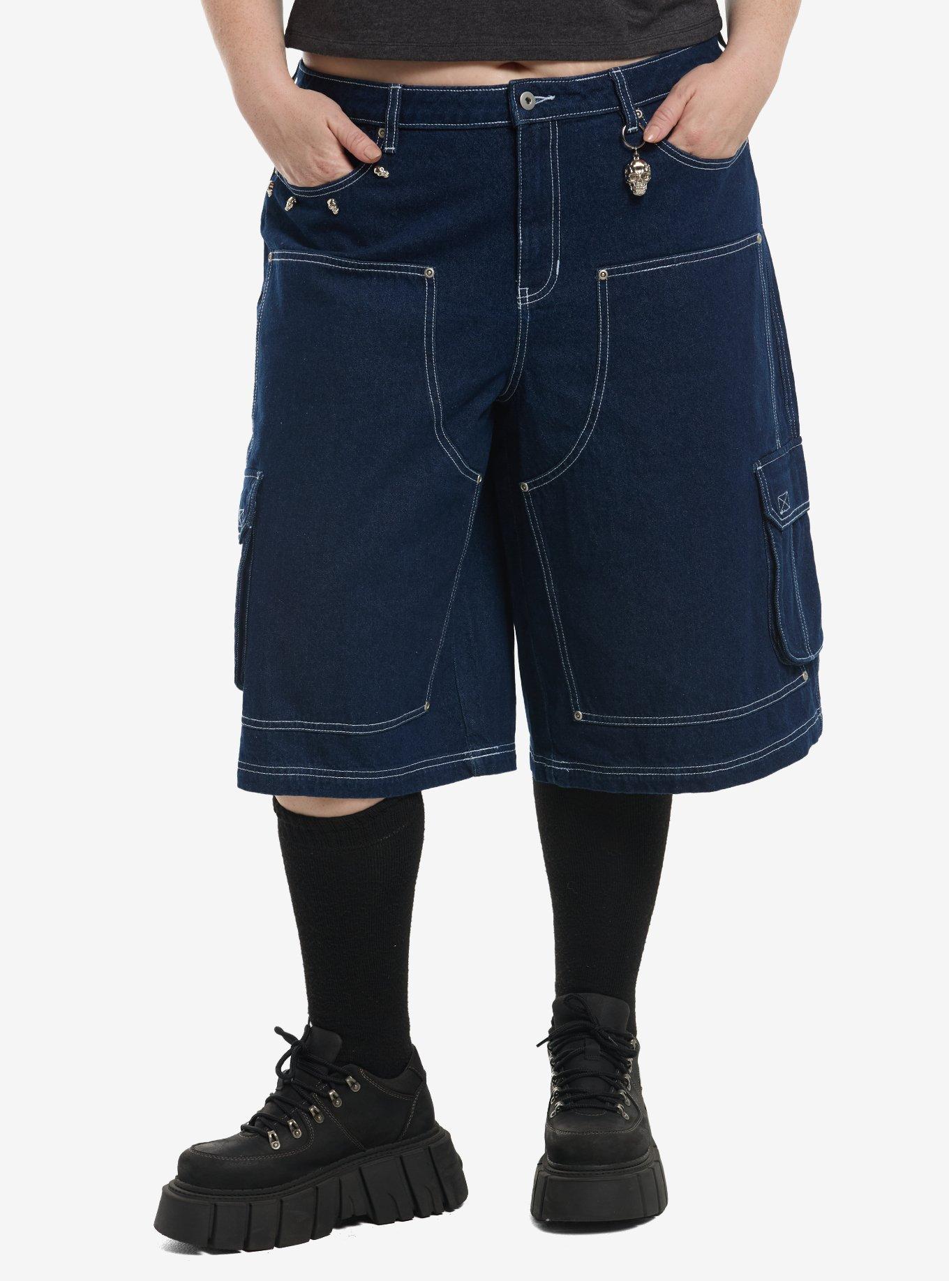 Sweet Society Dark Indigo Skull Charm Girls Cargo Jorts Plus Size, , hi-res