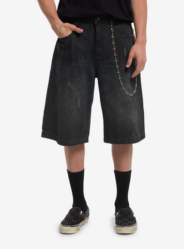 テンダーロイン　DENIM SHORTS WASH BLACK S Dark Wash Cyber Spider Chain Jorts | Hot Topic