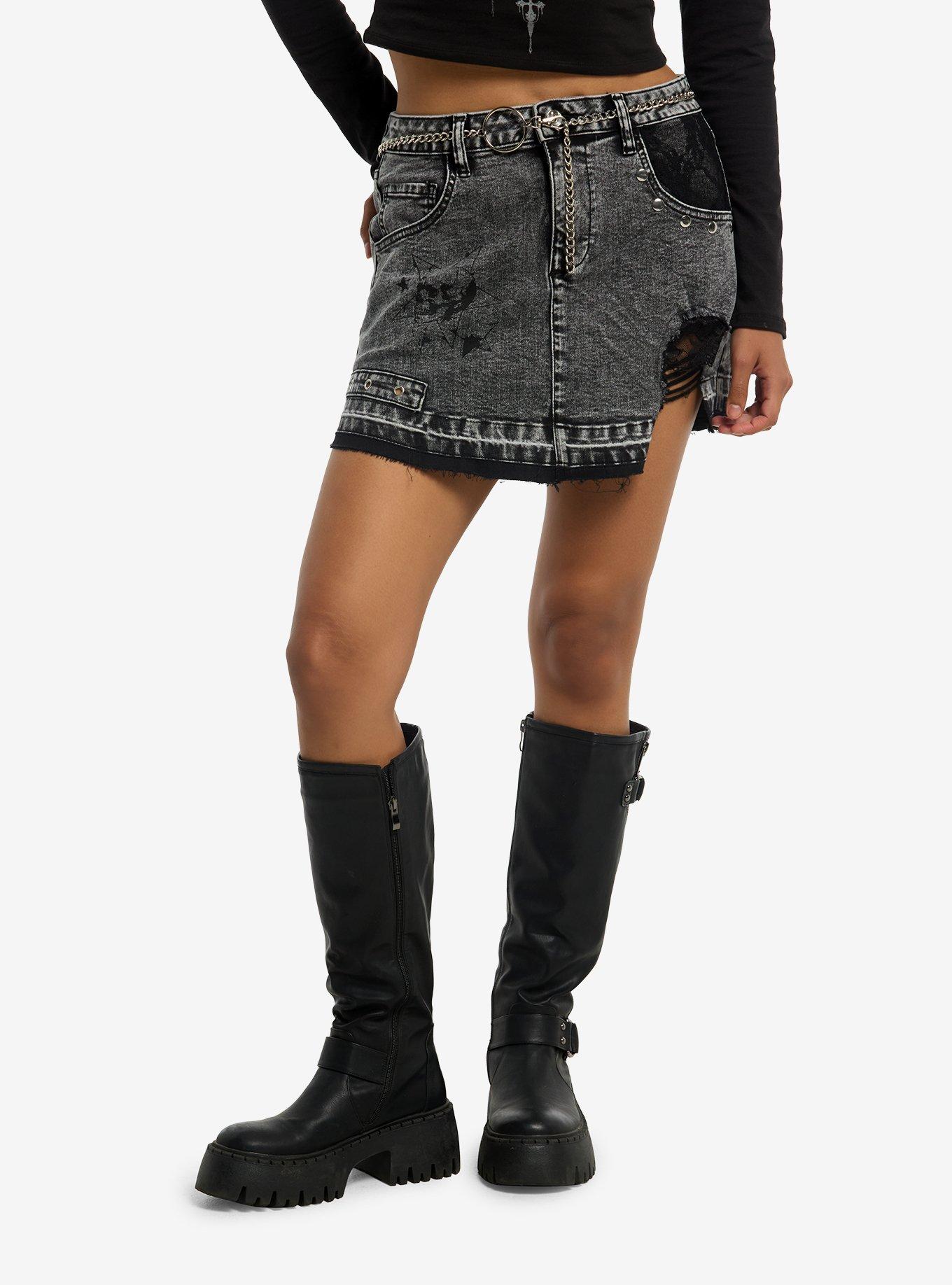 Cosmic Aura Black Destructed Belted Denim Skirt, , hi-res