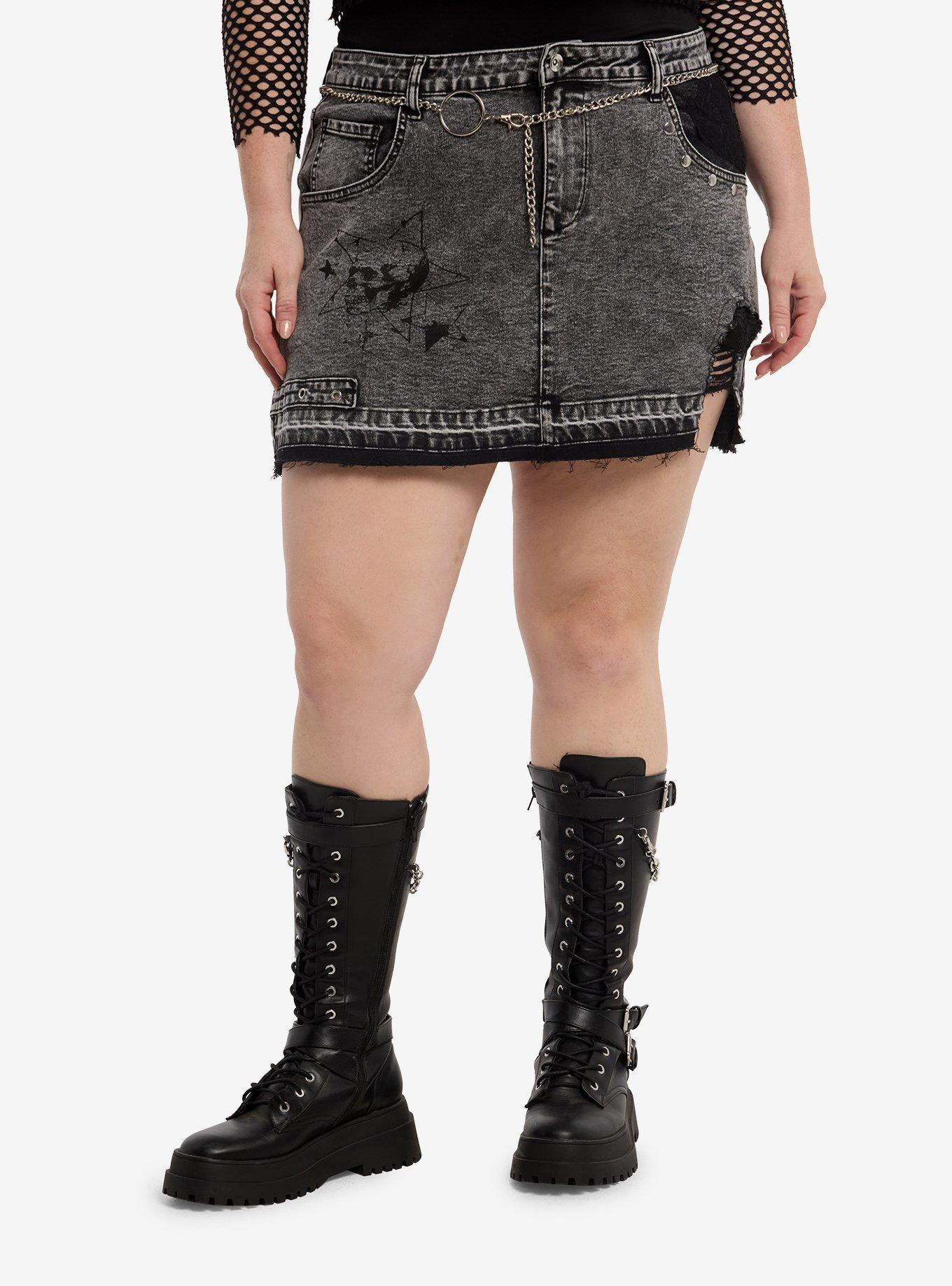 Cosmic Aura Black Destructed Belted Denim Skirt Plus Size, , hi-res
