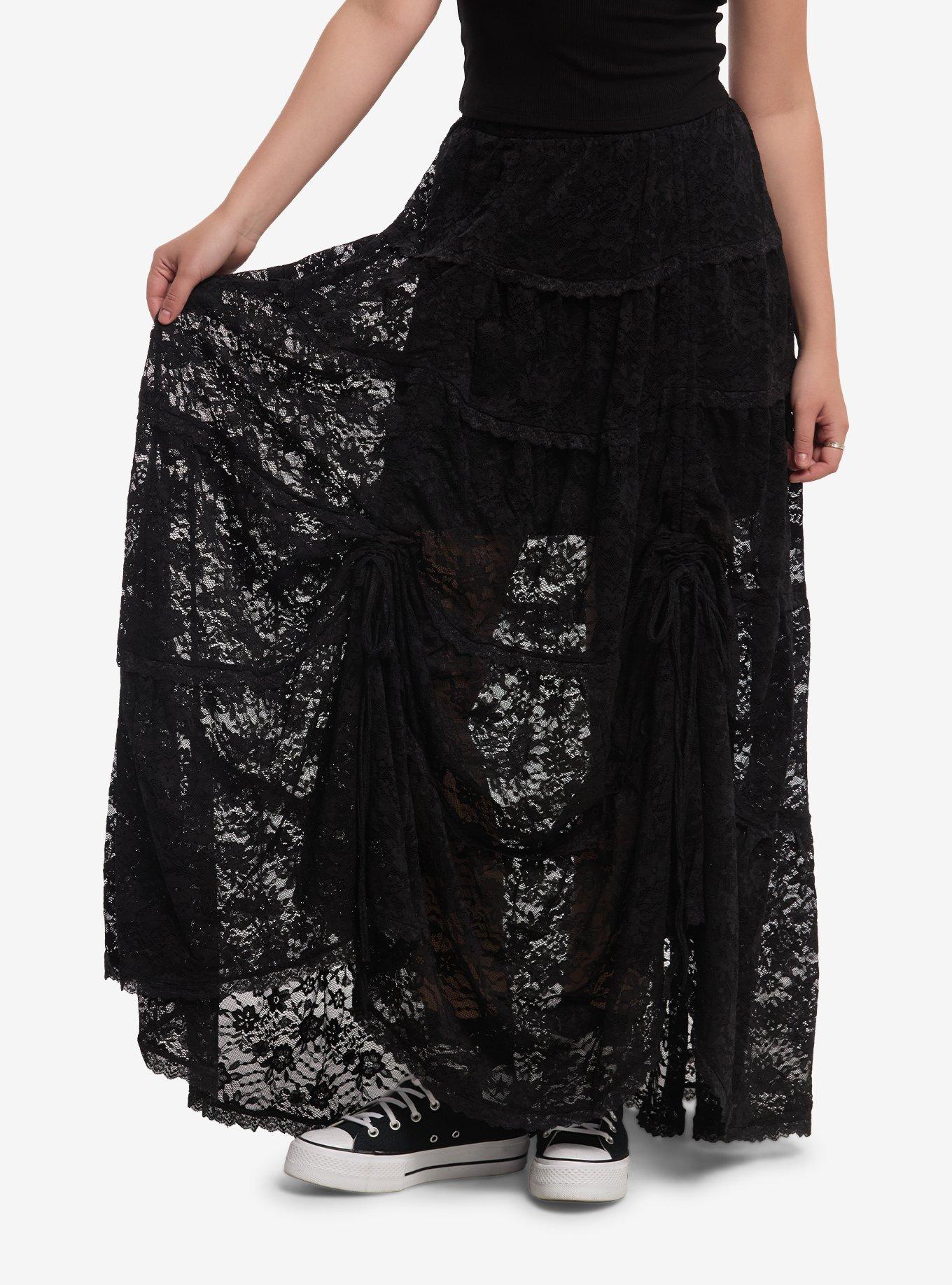 Cosmic Aura Black Lace Tiered Midi Skirt, , hi-res