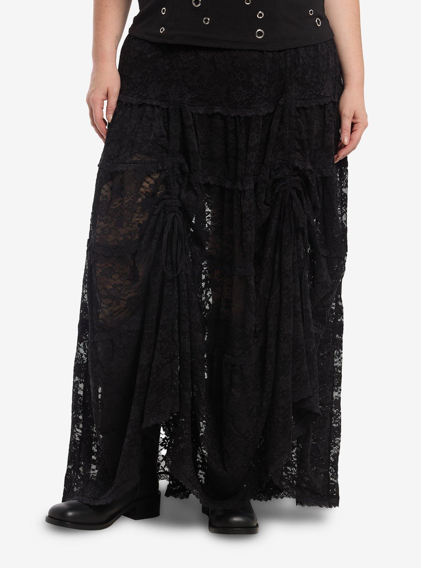 Cosmic Aura Black Lace Tiered Midi Skirt Plus Size, , hi-res