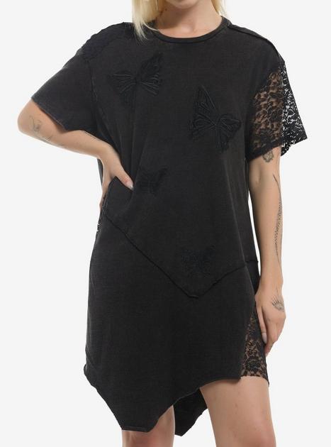 Cosmic Aura Butterfly & Lace Panel Graphic T-Shirt Dress - Small