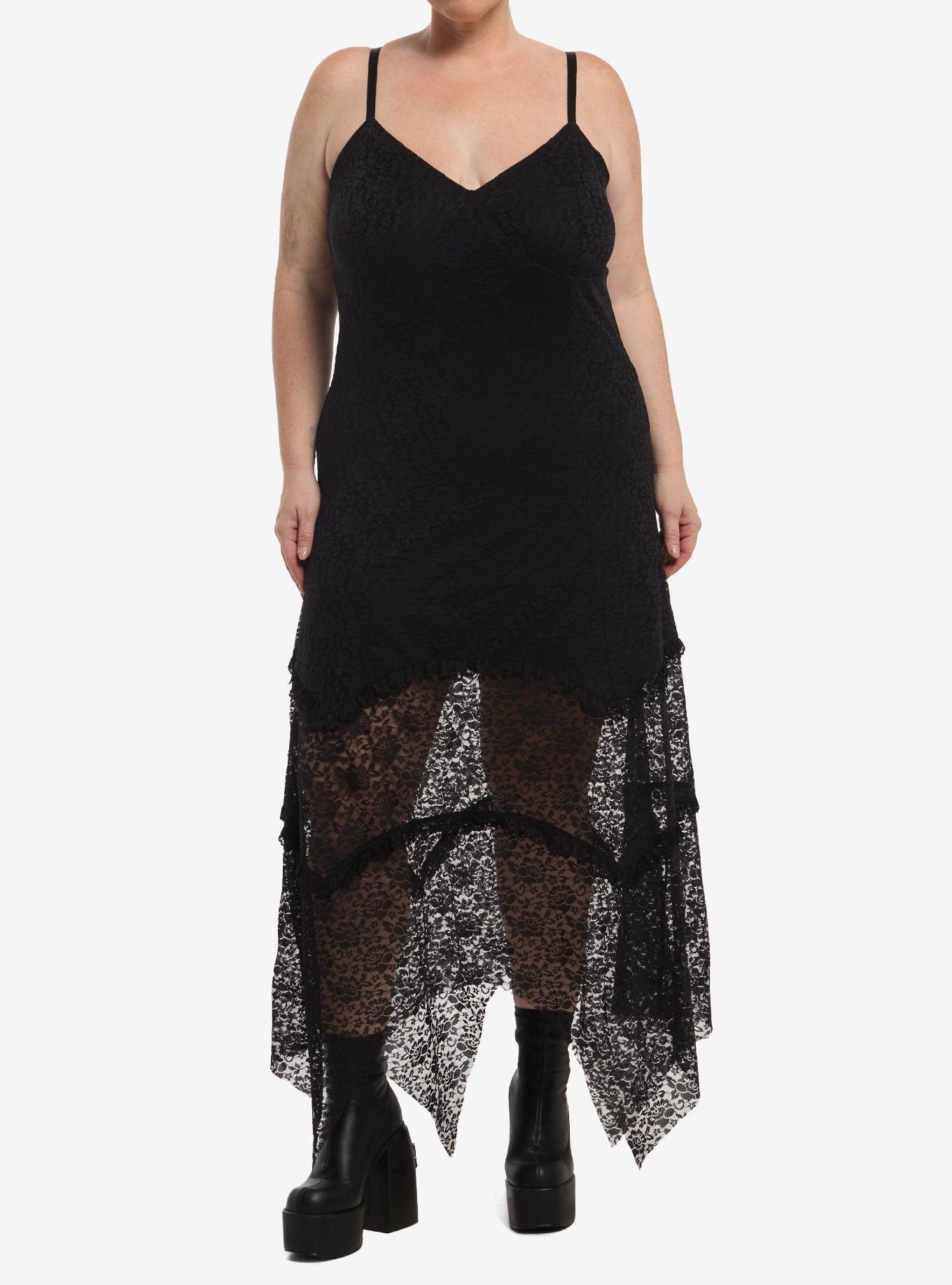 Cosmic Aura Black Lace Hanky Hem Midi Dress Plus Size, , hi-res