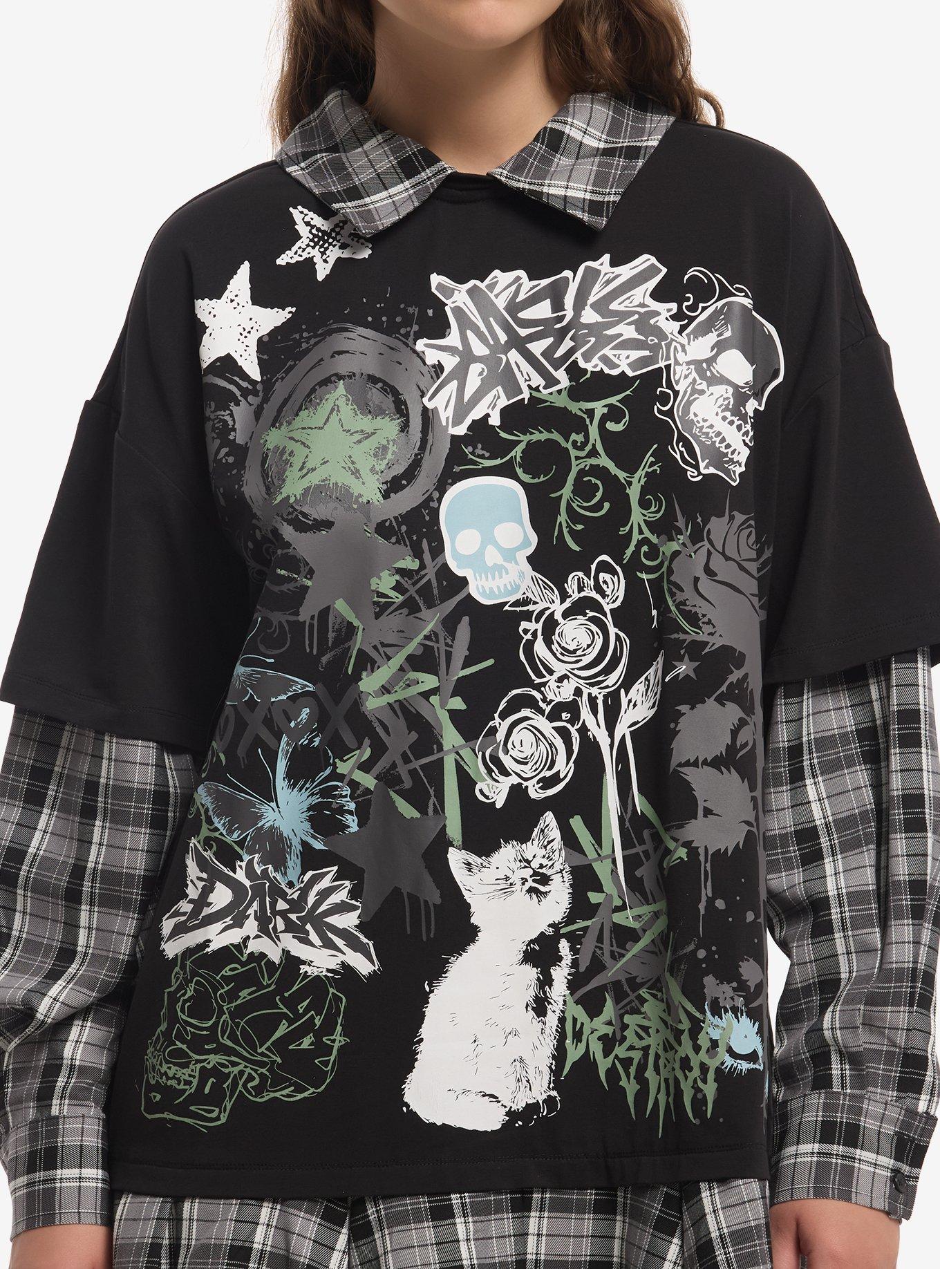 Social Collision Cat Skull Doodle Long-Sleeve Twofer Dress, , hi-res