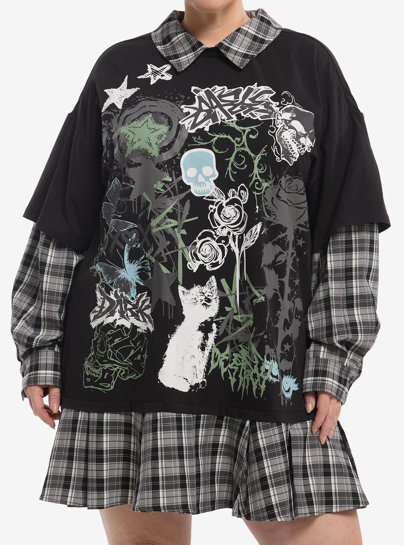 Social Collision Cat Skull Doodle Long-Sleeve Twofer Dress Plus Size, , hi-res