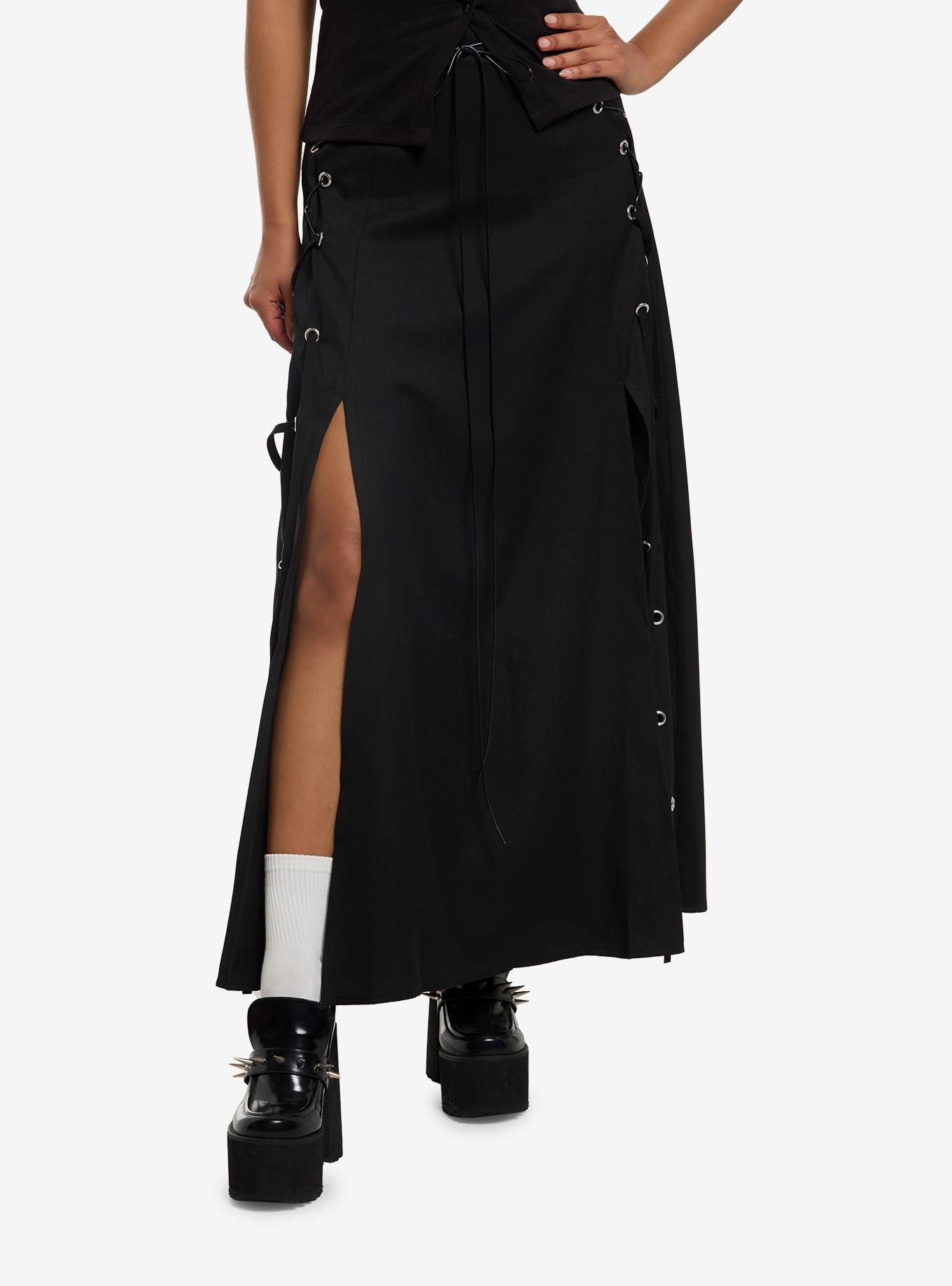Social Collision Black Lace-Up Slit Maxi Skirt, , hi-res