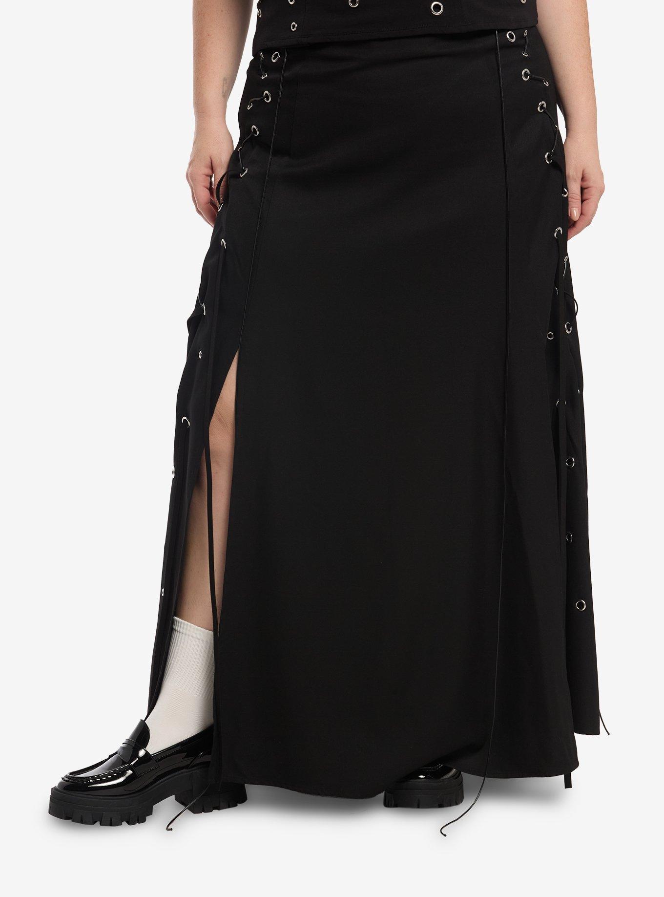Social Collision Black Lace-Up Slit Maxi Skirt Plus Size, , hi-res
