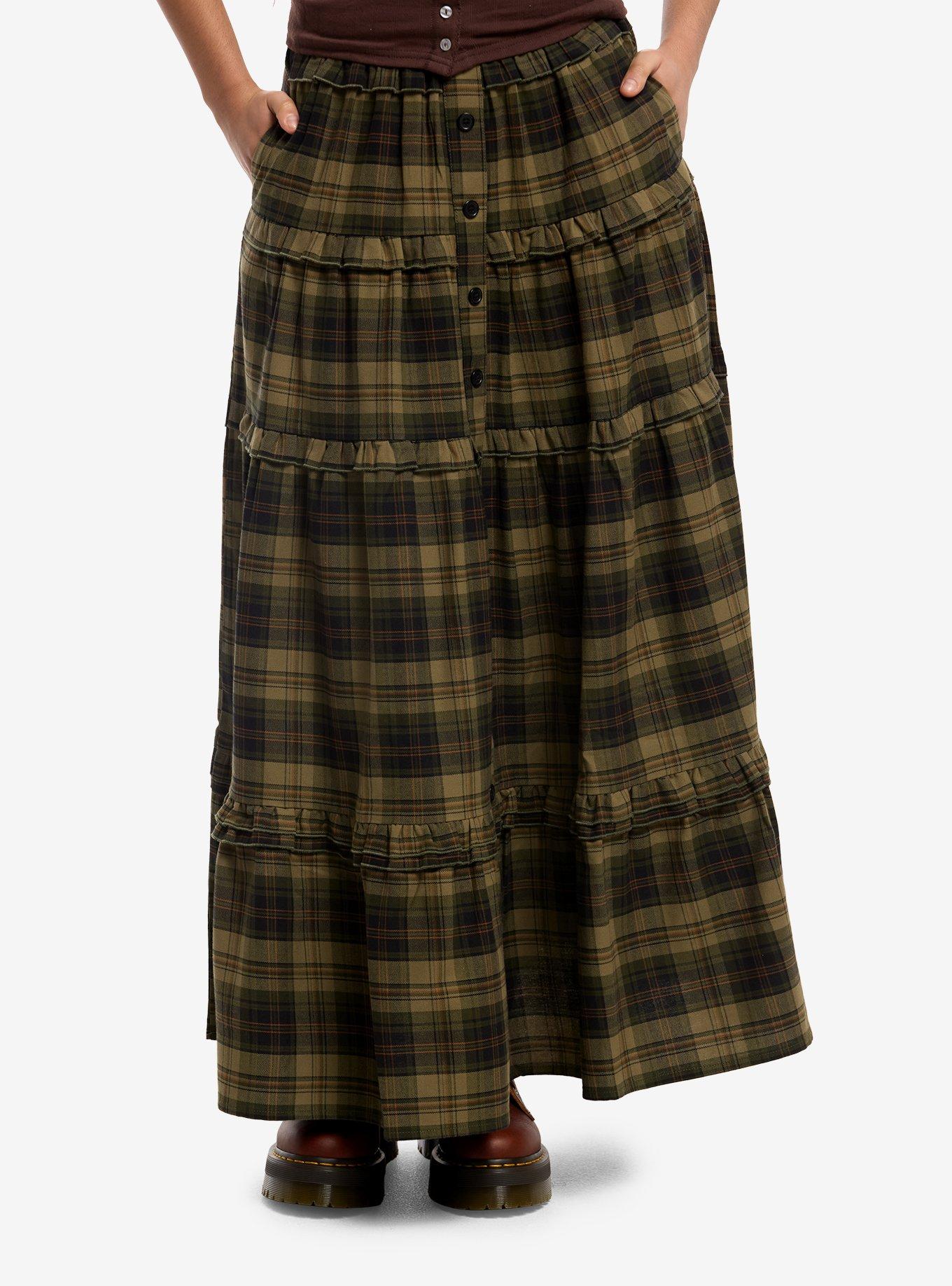 Thorn & Fable Green & Black Plaid Tiered Maxi Skirt, , hi-res