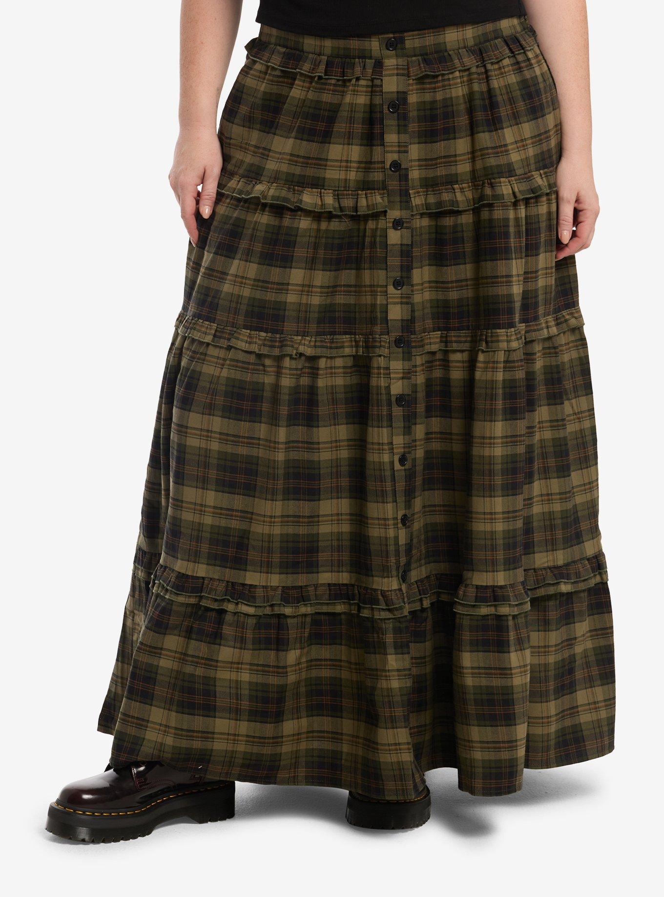 Thorn & Fable Green & Black Plaid Tiered Maxi Skirt Plus Size, , hi-res