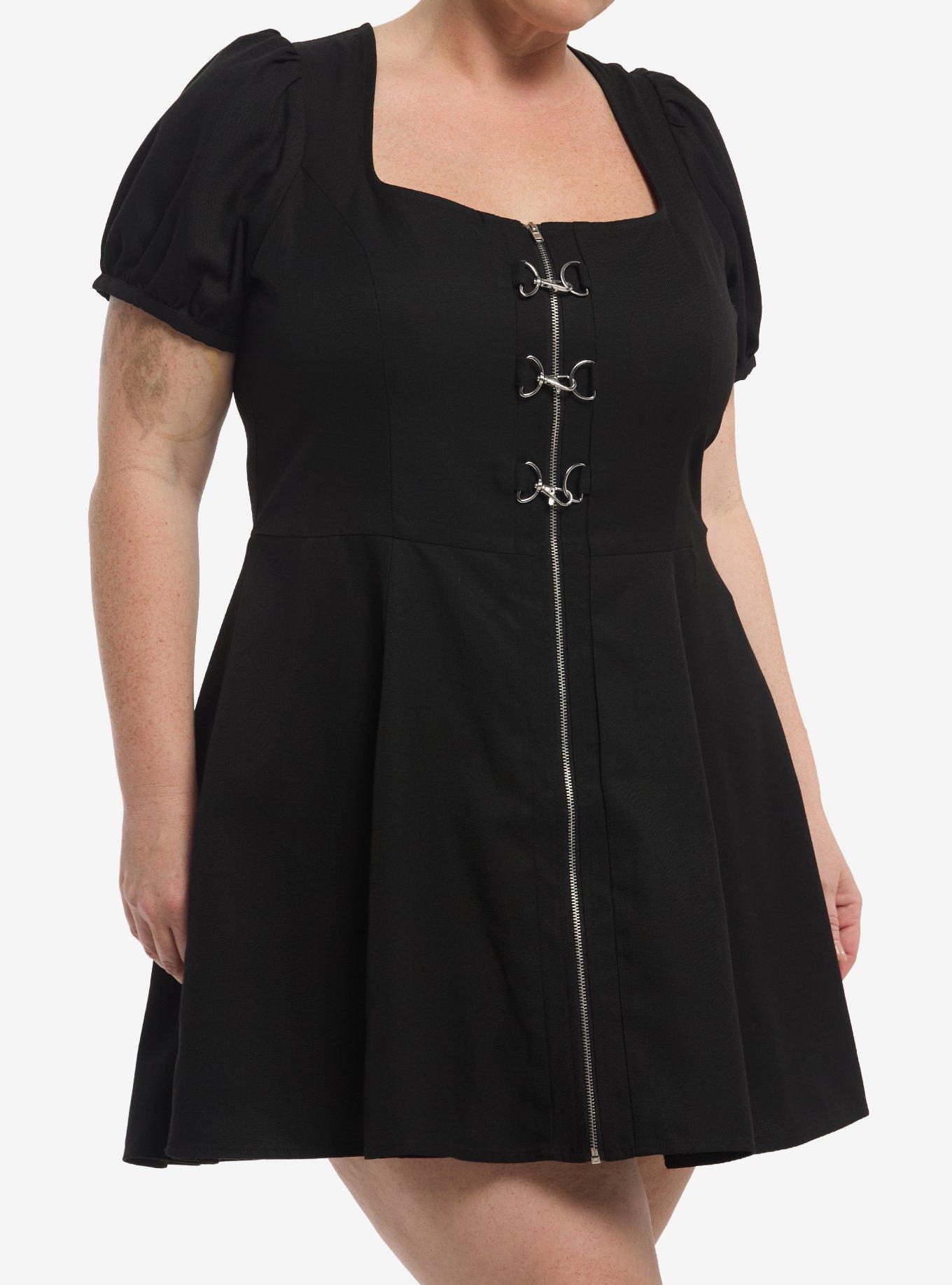 Social Collision Black Hardware Puff-Sleeve Mini Dress Plus Size, , hi-res