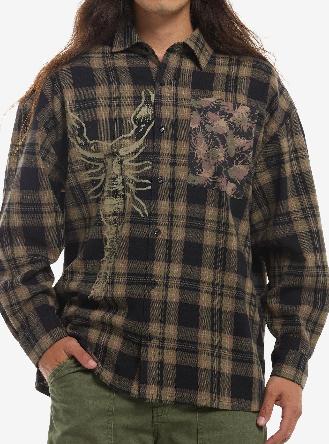 Insect Camouflage & Plaid Woven Button-Up
