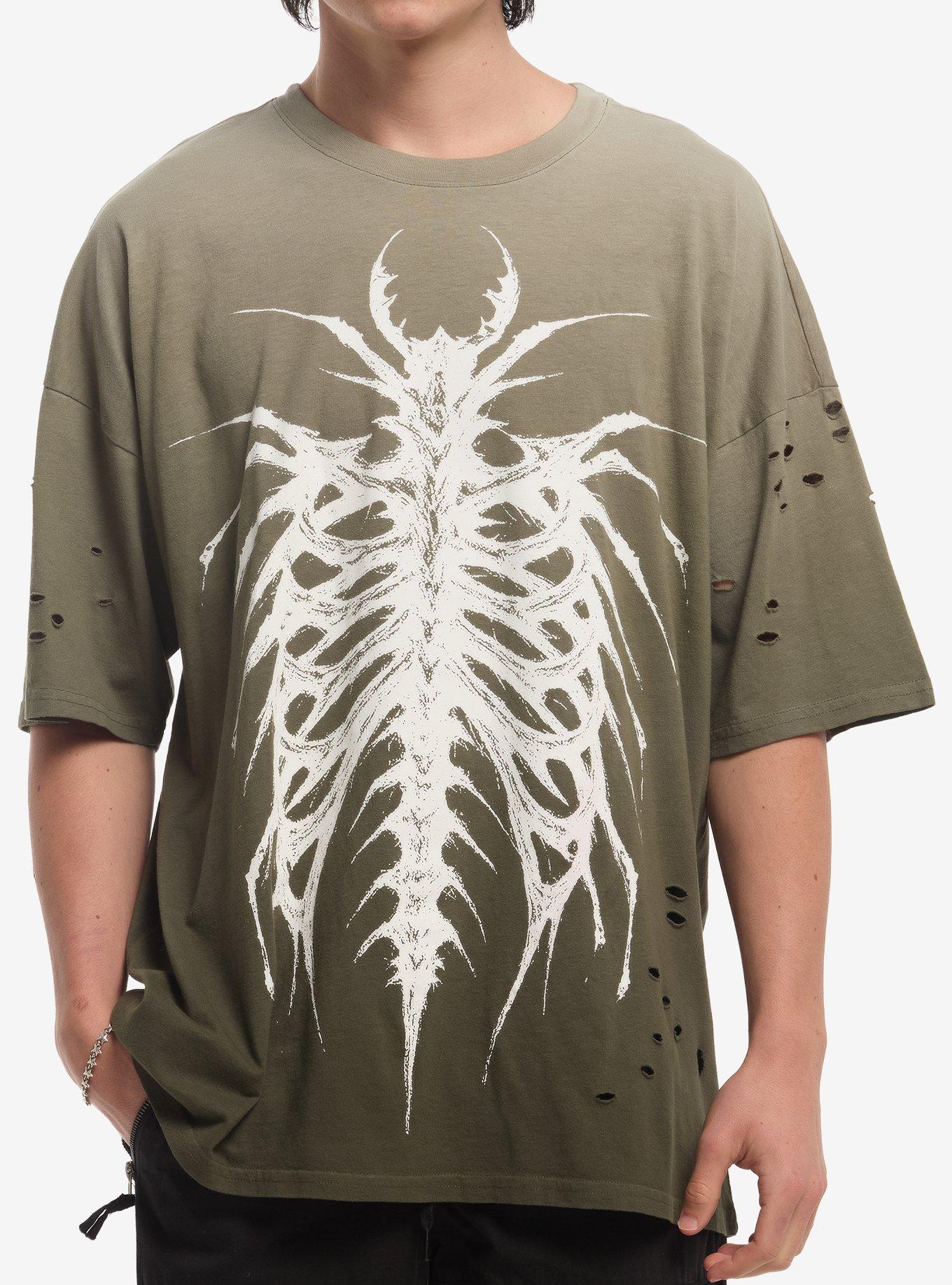 Olive Insect Rib Cage Destructed T-Shirt, , hi-res