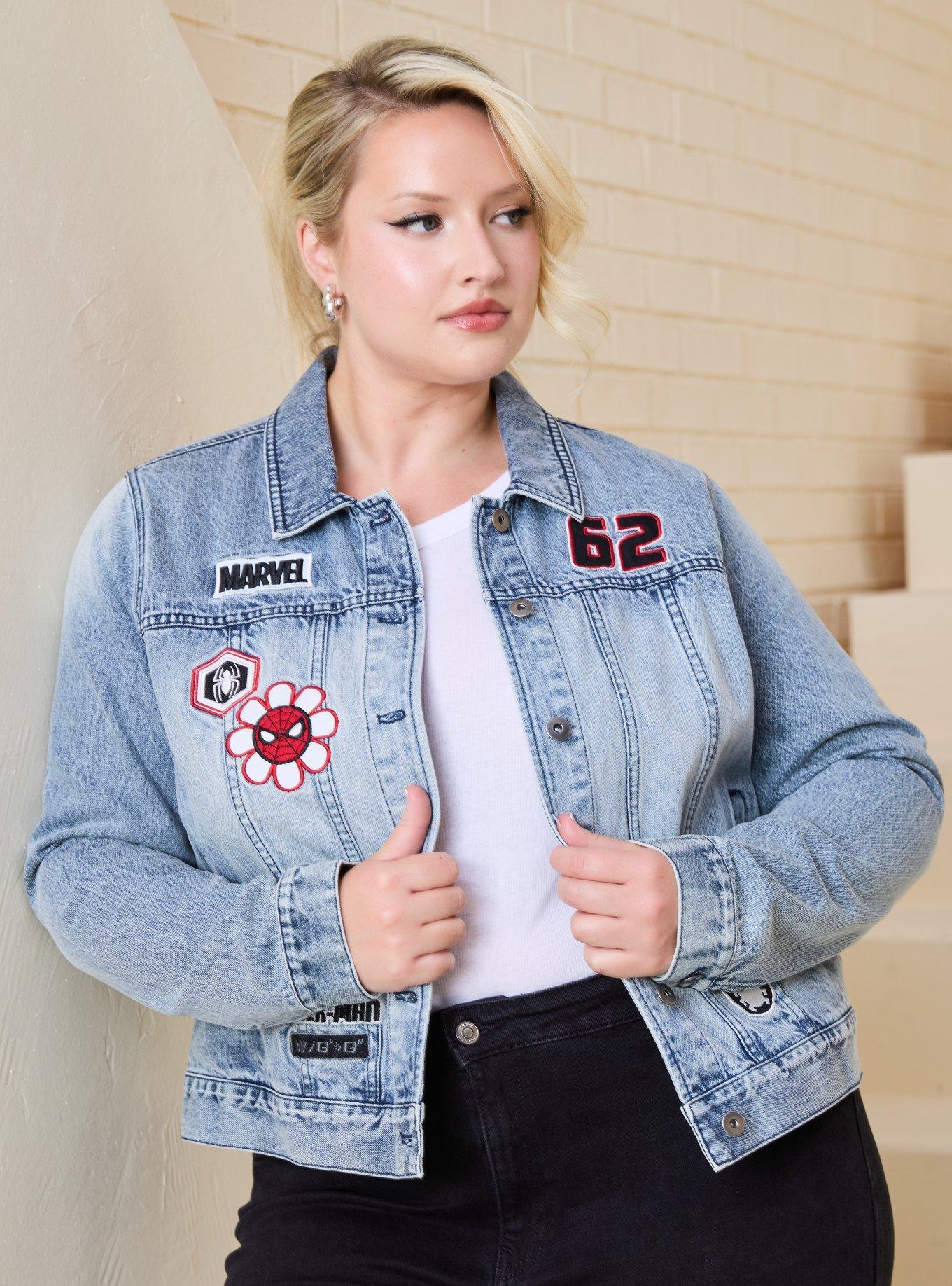 Marvel Spider-Man Embroidered Patches Women's Plus Size Cropped Denim Jacket - BoxLunch Exclusive