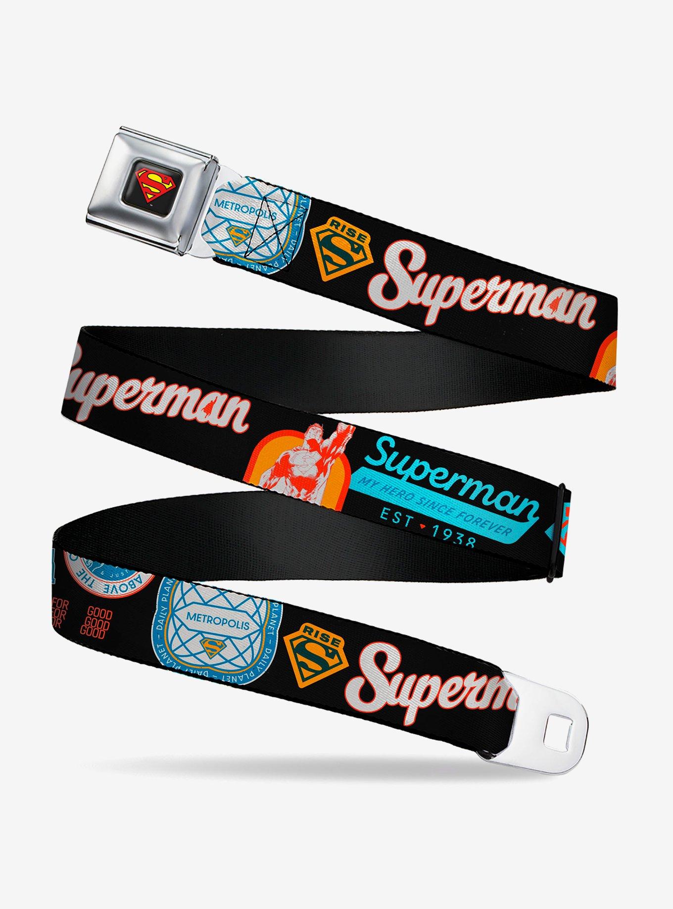 DC Comics Superman Icons and Text Collage Black Multi Seatbelt Buckle Belt, , hi-res