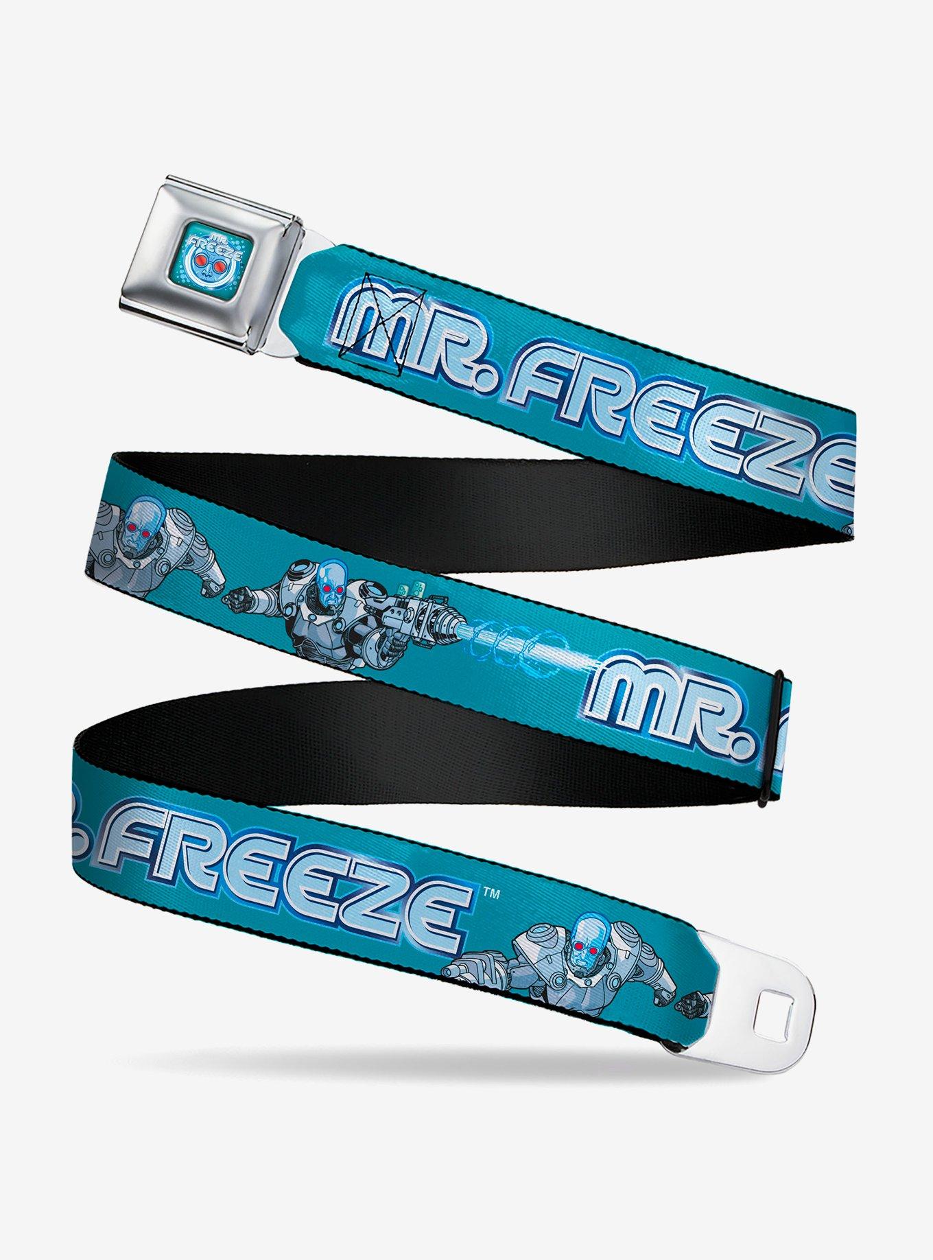 DC Comics Batman Villain Mr Freeze Poses and Logo Blue Seatbelt Buckle Belt, , hi-res