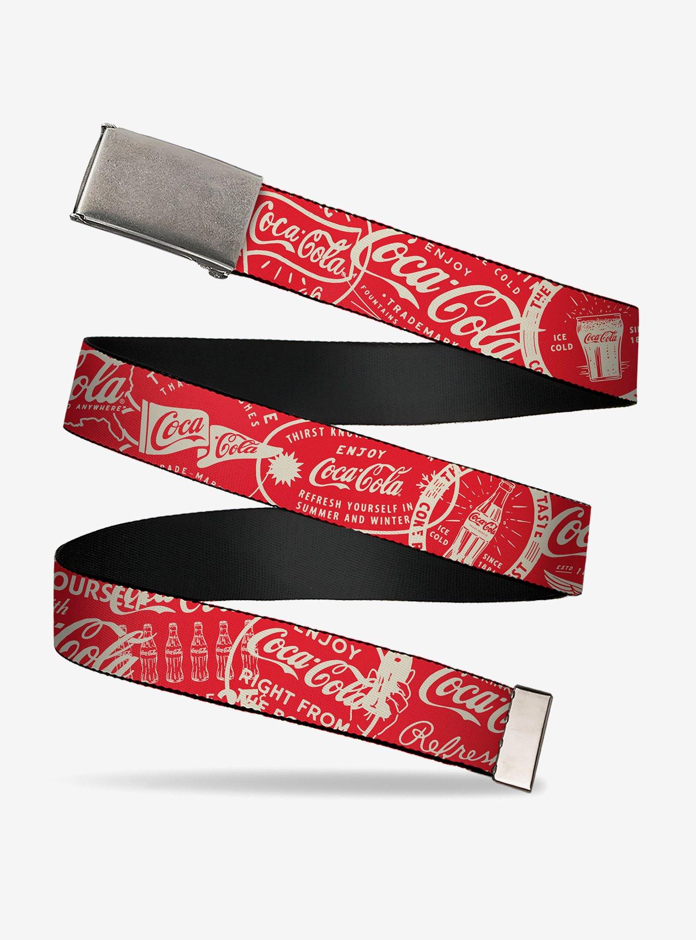 Vintage Coca-Cola Coke Icons and Ad Logos Red Clamp Buckle Belt