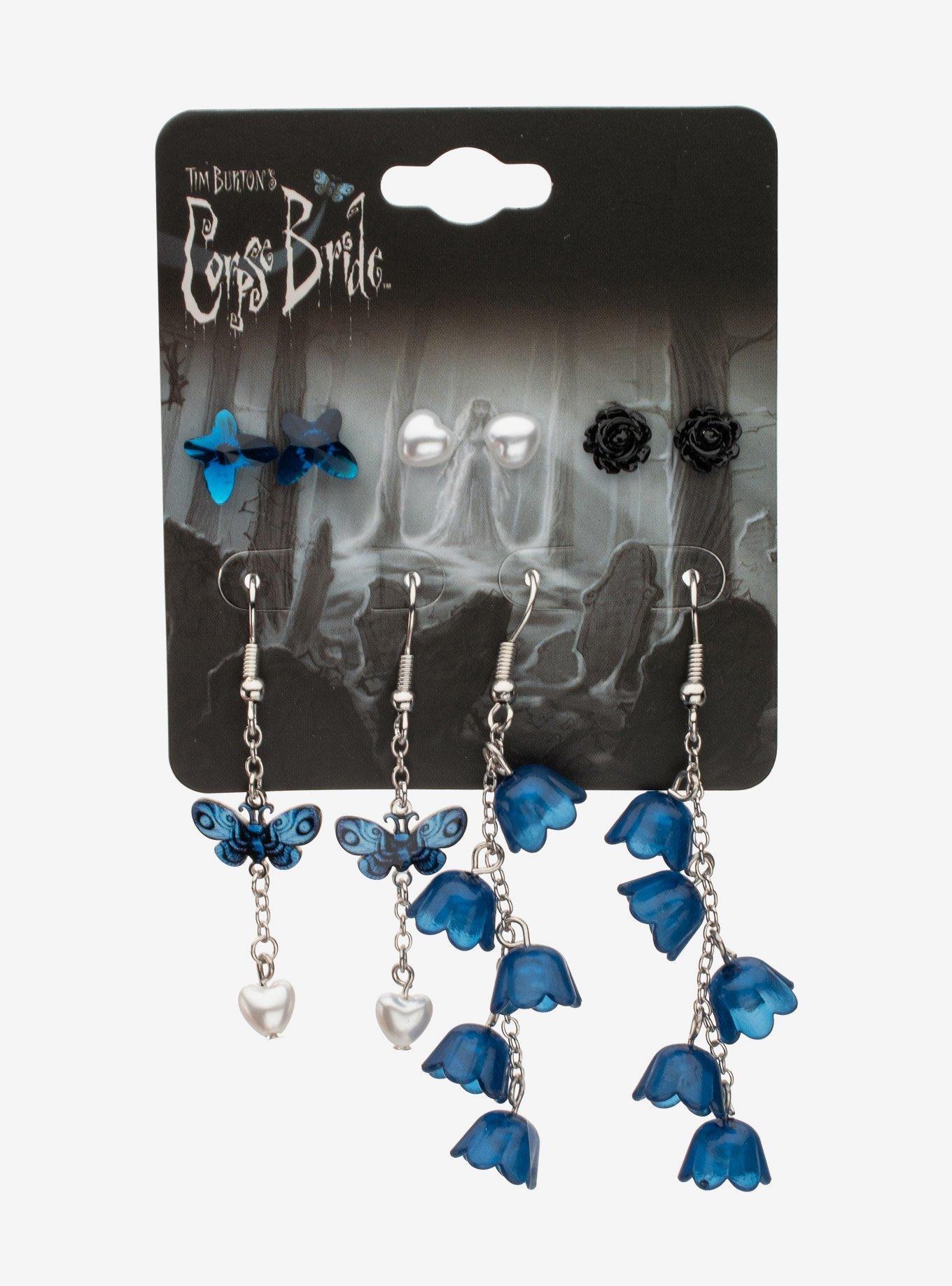 Corpse Bride Blue Butterfly Flower Earring Set, , hi-res