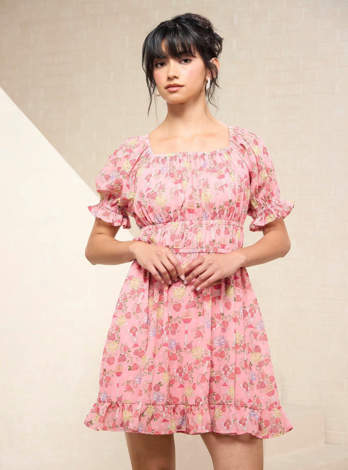 Pretty Guardian Sailor Moon Floral Allover Print Puff Sleeve Dress - BoxLunch Exclusive, PINK, hi-res view 1