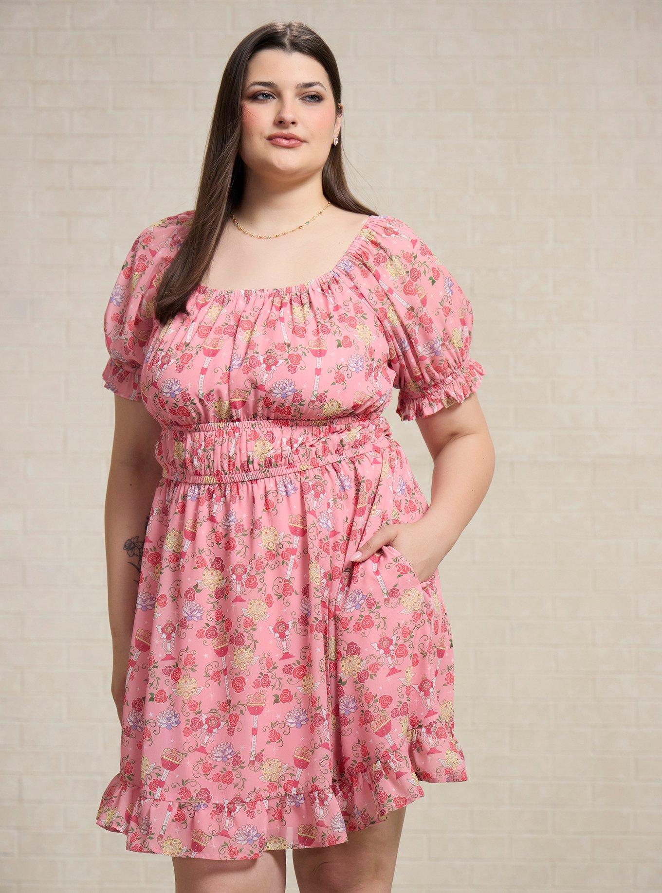 Pretty Guardian Sailor Moon Floral Allover Print Plus Size Puff Sleeve Dress - BoxLunch Exclusive, PINK, hi-res view 1
