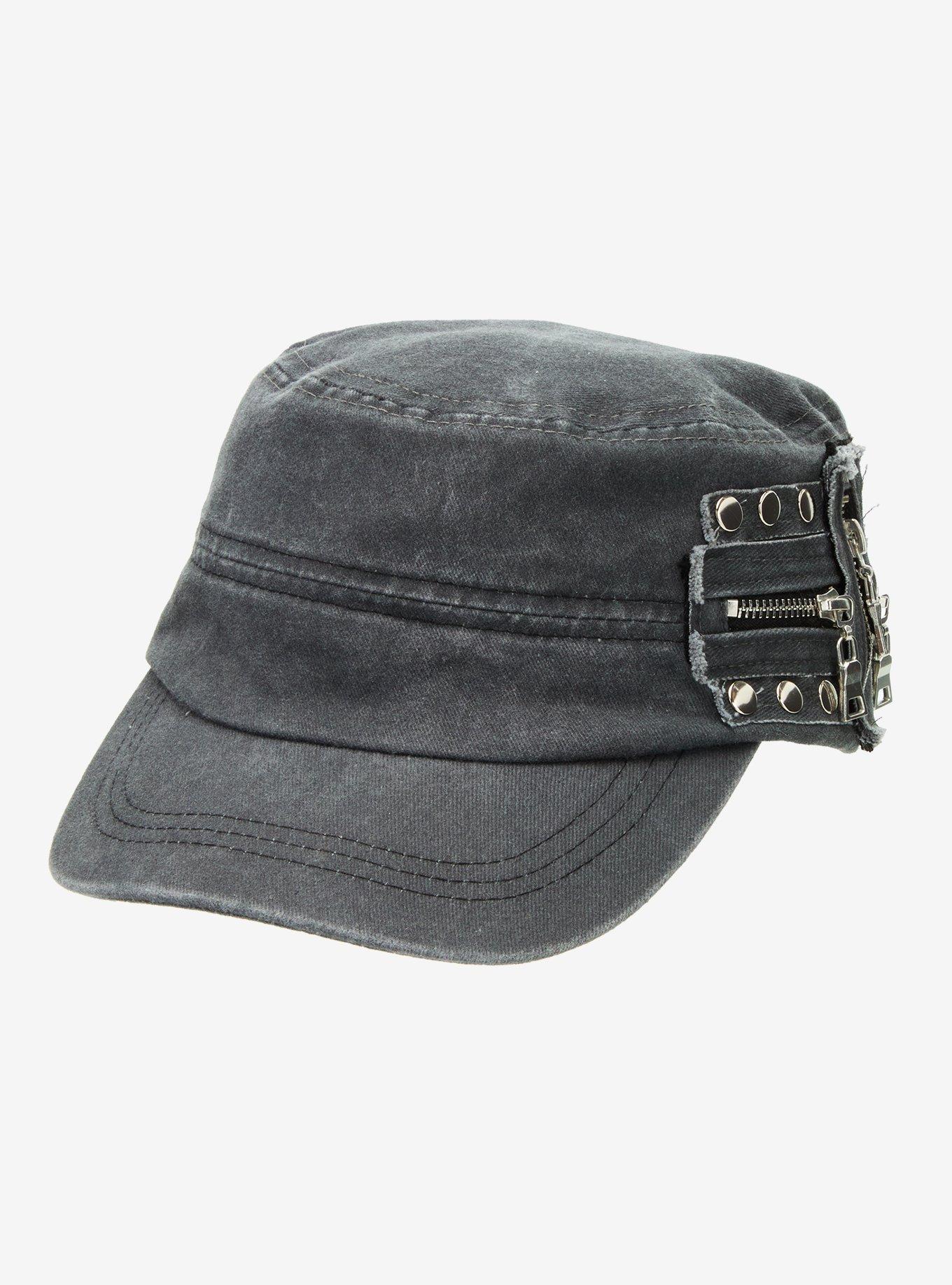 Grey Wash Zipper Stud Cadet Hat, , hi-res