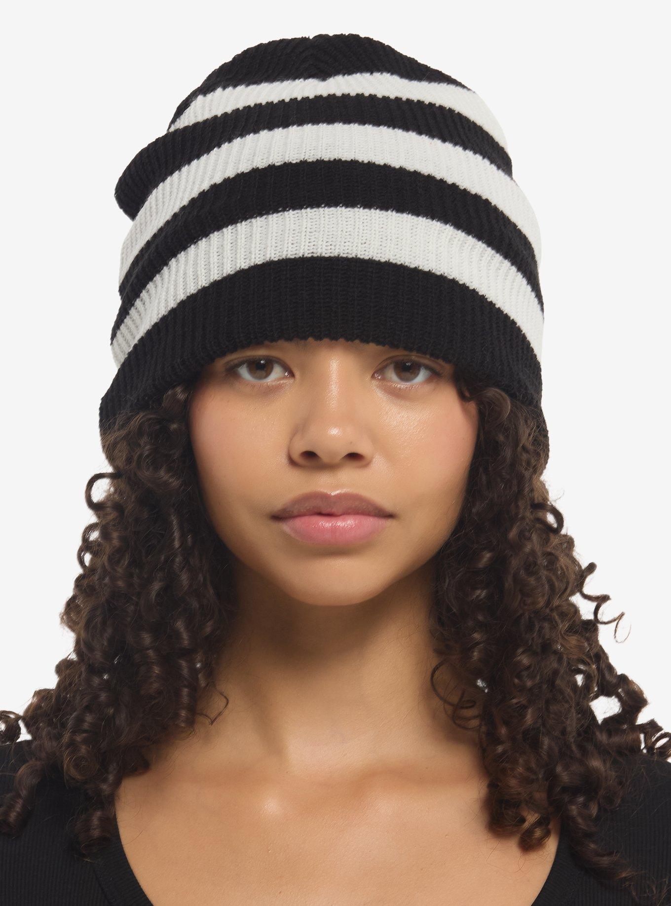Black & White Stripe Slouch Beanie, , hi-res