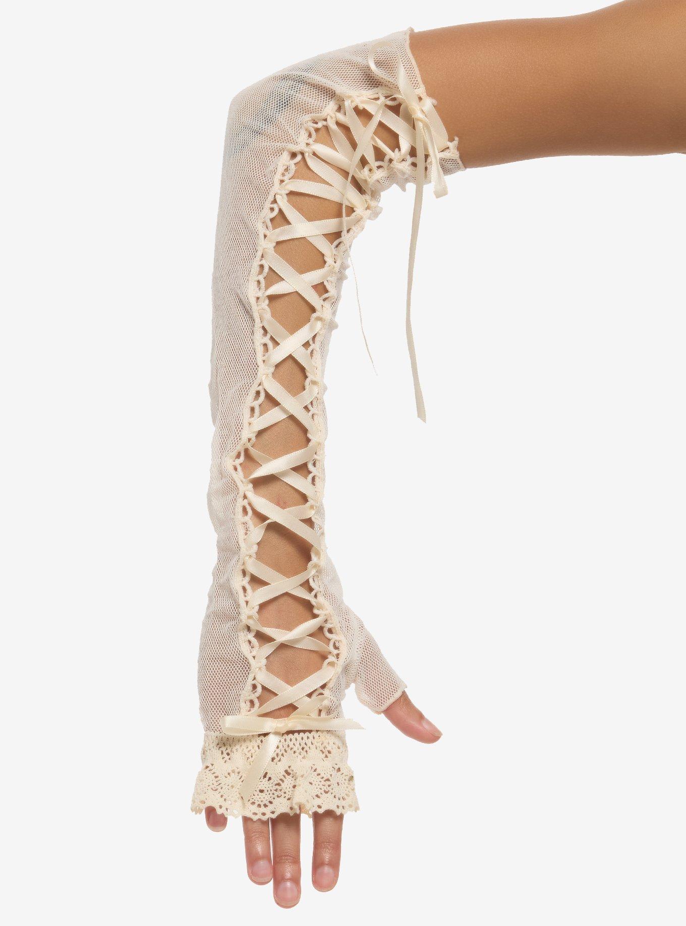 Cream Ribbon Lace-Up Arm Warmers, , hi-res