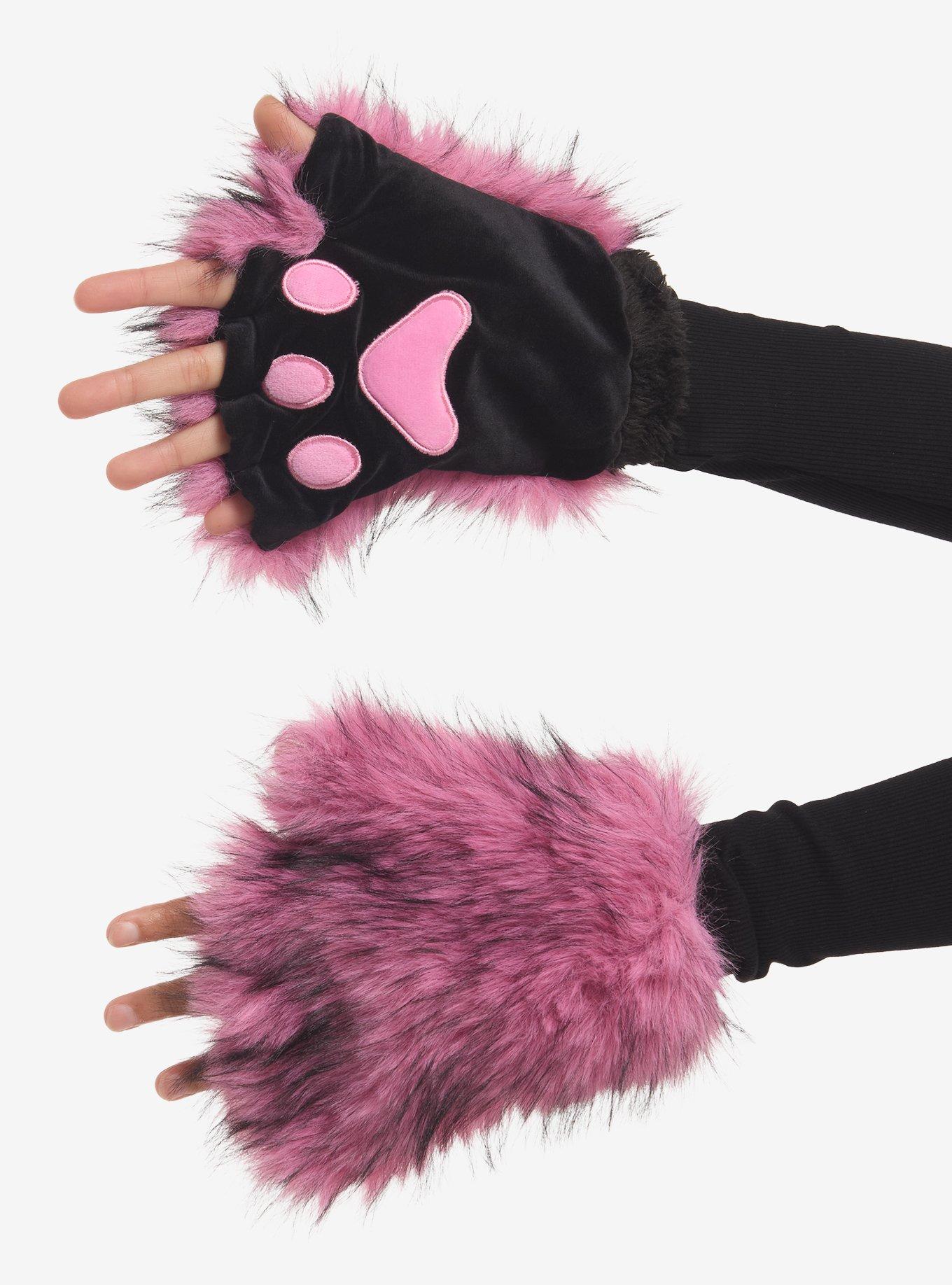 Pink & Black Fuzzy Paw Fingerless Gloves, , hi-res