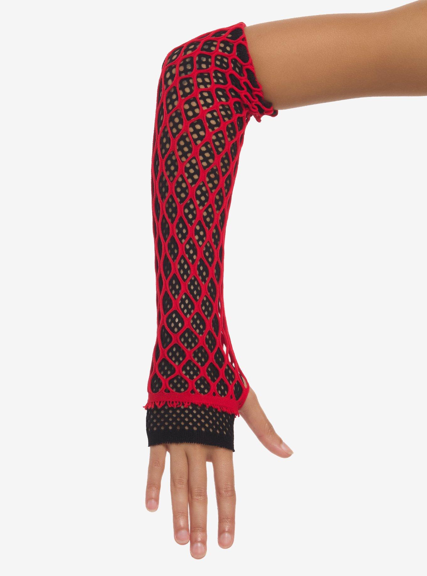 Red & Black Fishnet Layered Arm Warmers, , hi-res