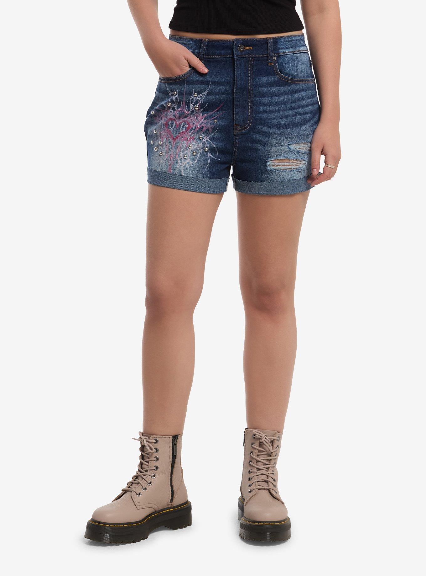 Sweet Society Pink Cyber Heart Destructed Denim Shorts, , hi-res