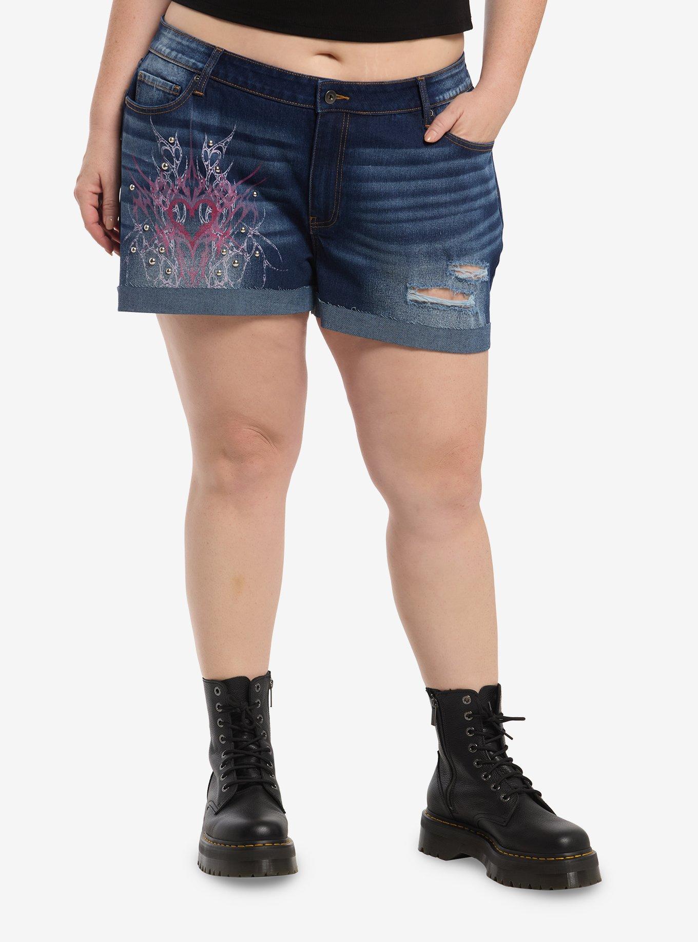Sweet Society Pink Cyber Heart Destructed Denim Shorts Plus Size, , hi-res