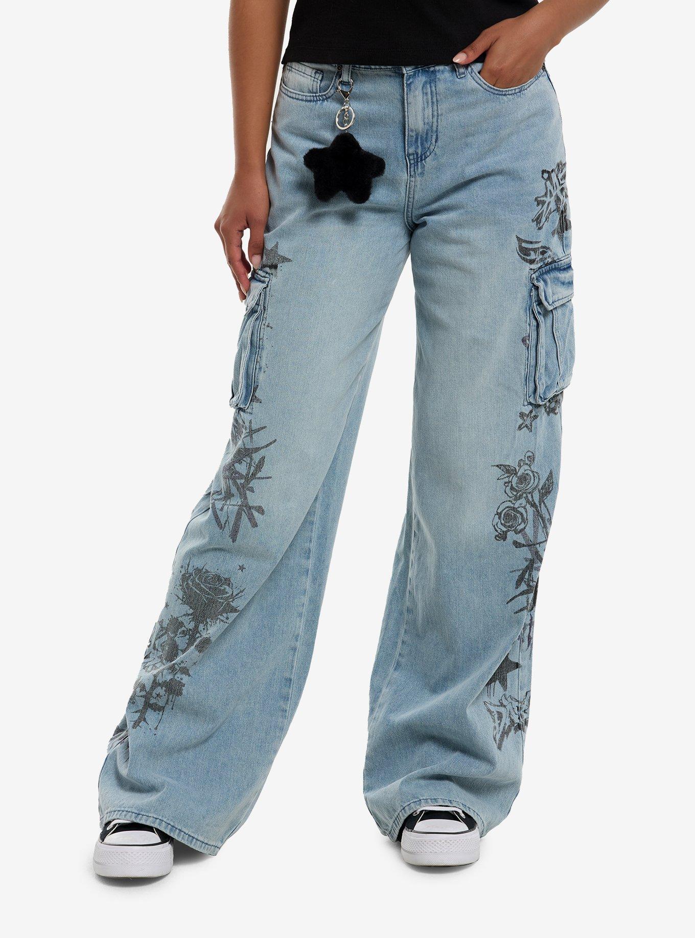 Social Collision Graffiti Doodles Cargo Wide Leg Jeans, , hi-res
