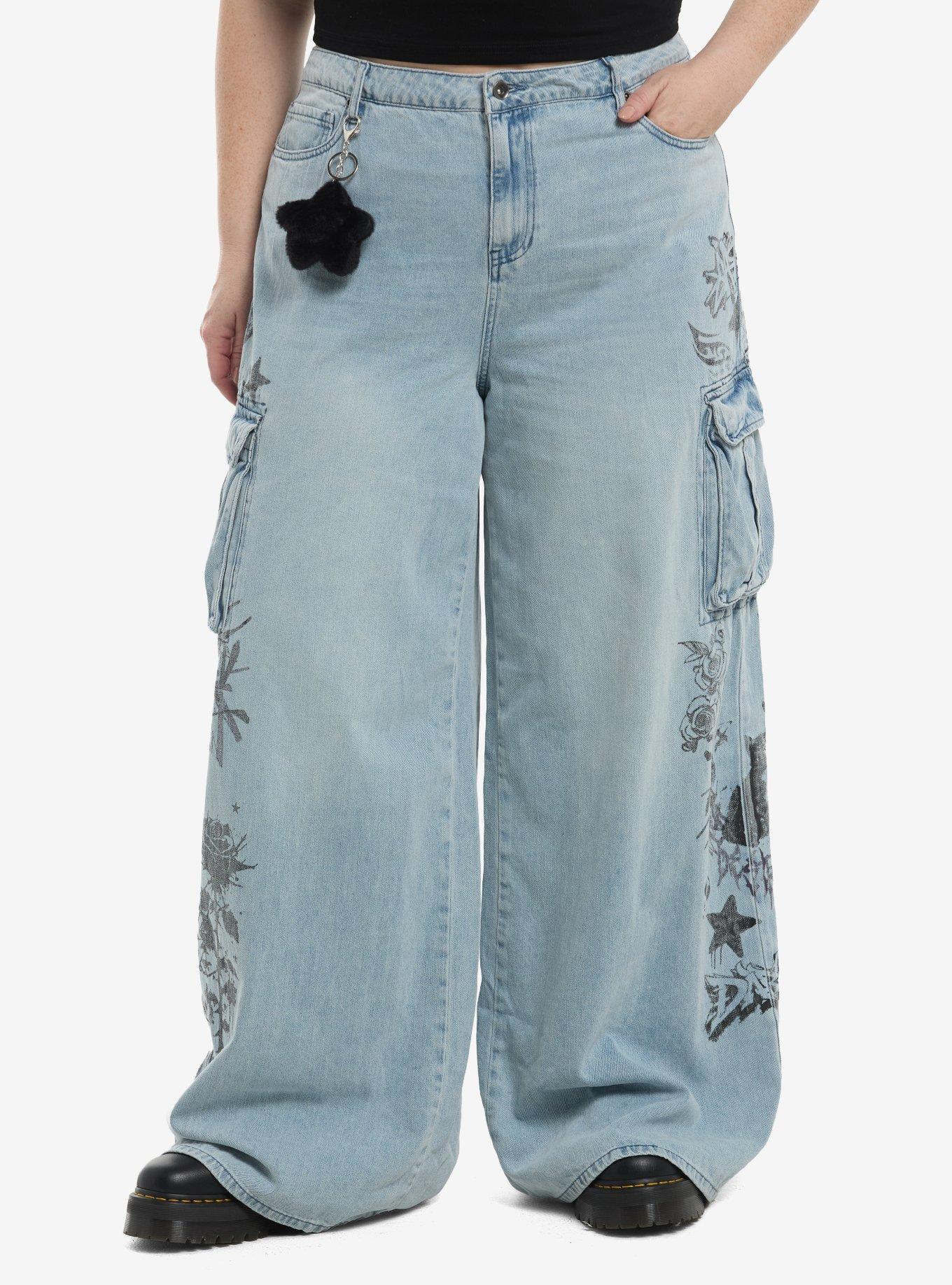 Social Collision Graffiti Doodles Cargo Wide Leg Jeans Plus Size, , hi-res