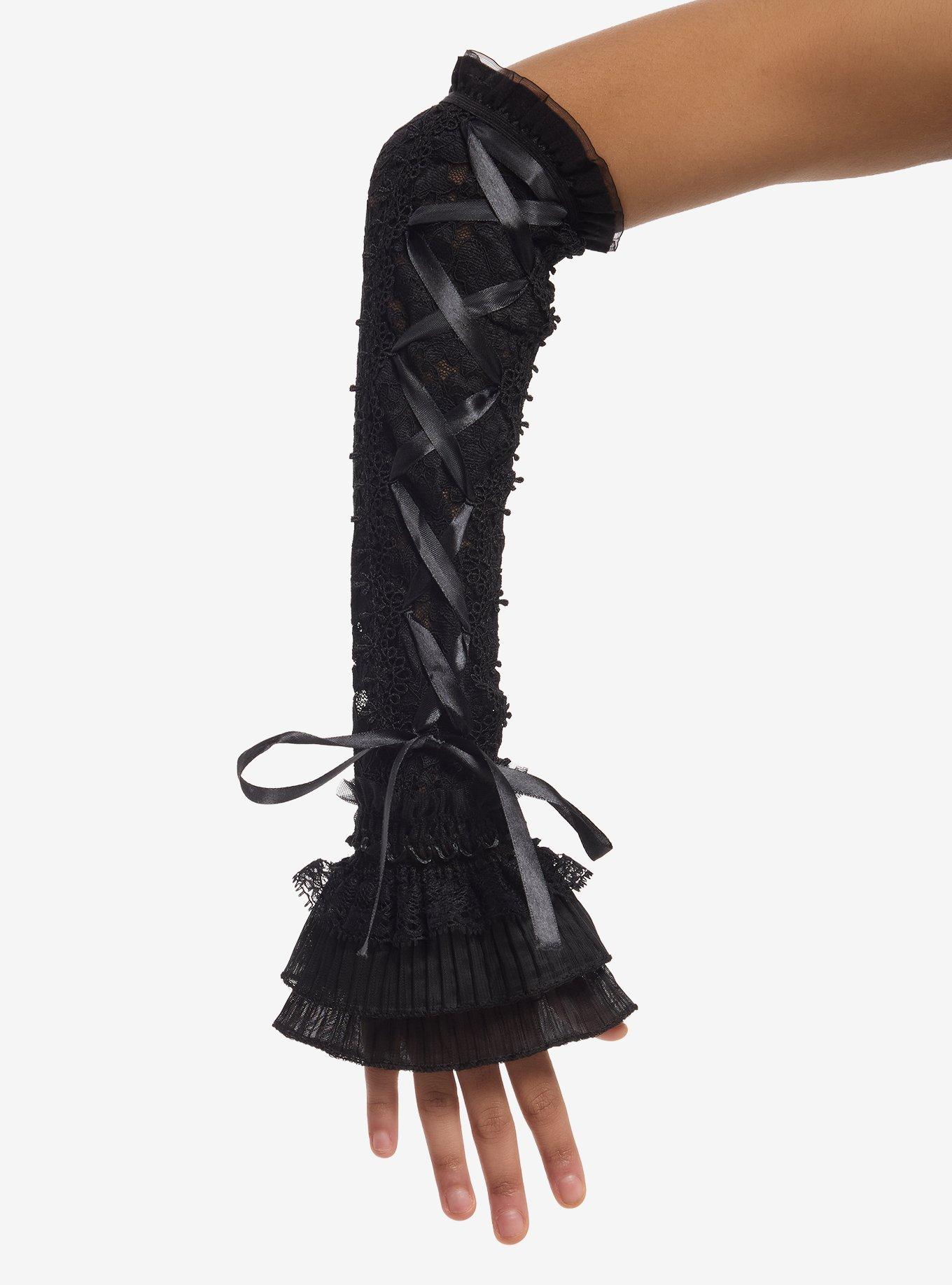Black Ruffle Lace-Up Arm Warmers, , hi-res