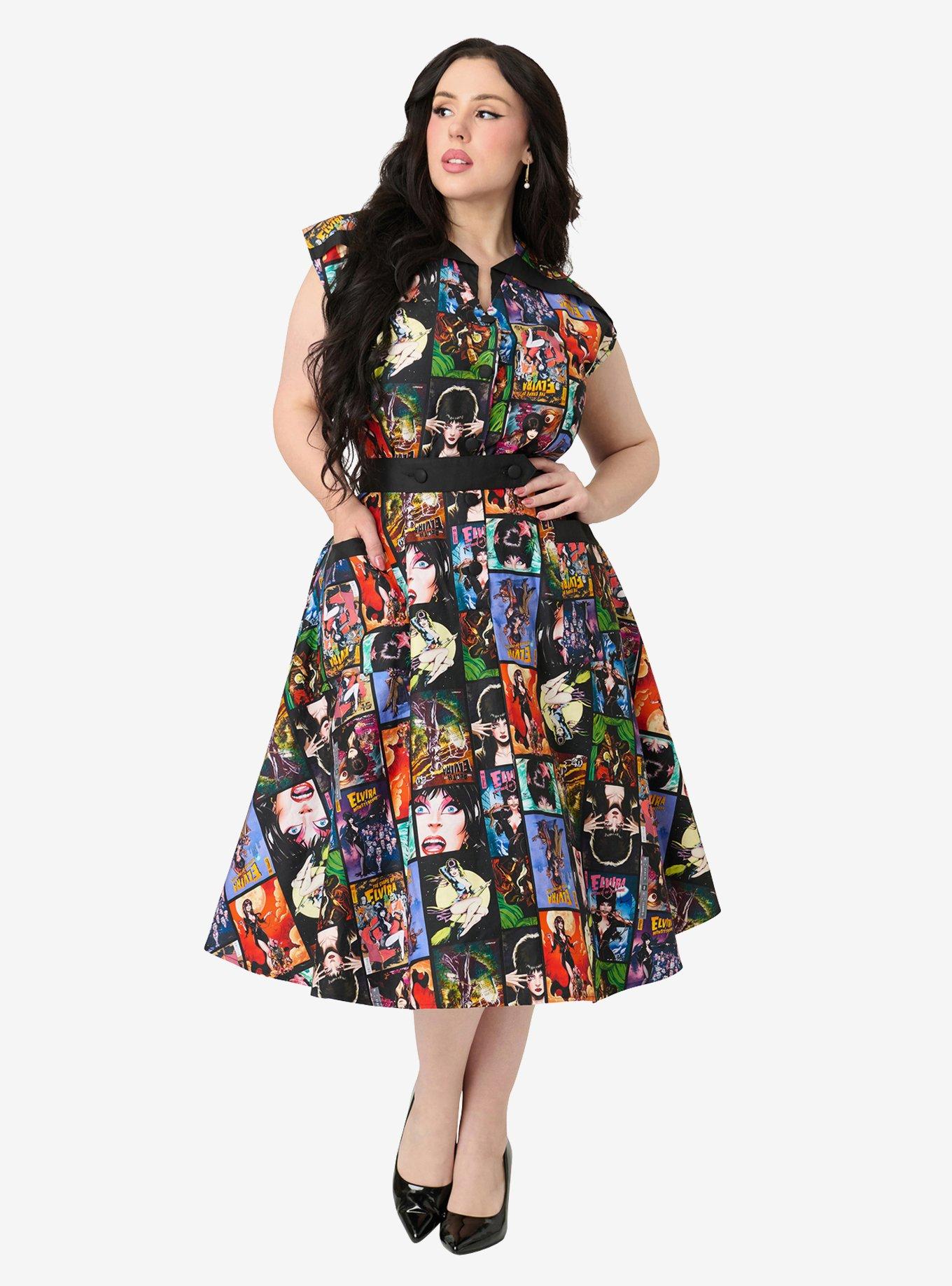 Elvira x Unique Vintage Plus Size Elvira Comic Print Hedda Swing Dress, , hi-res