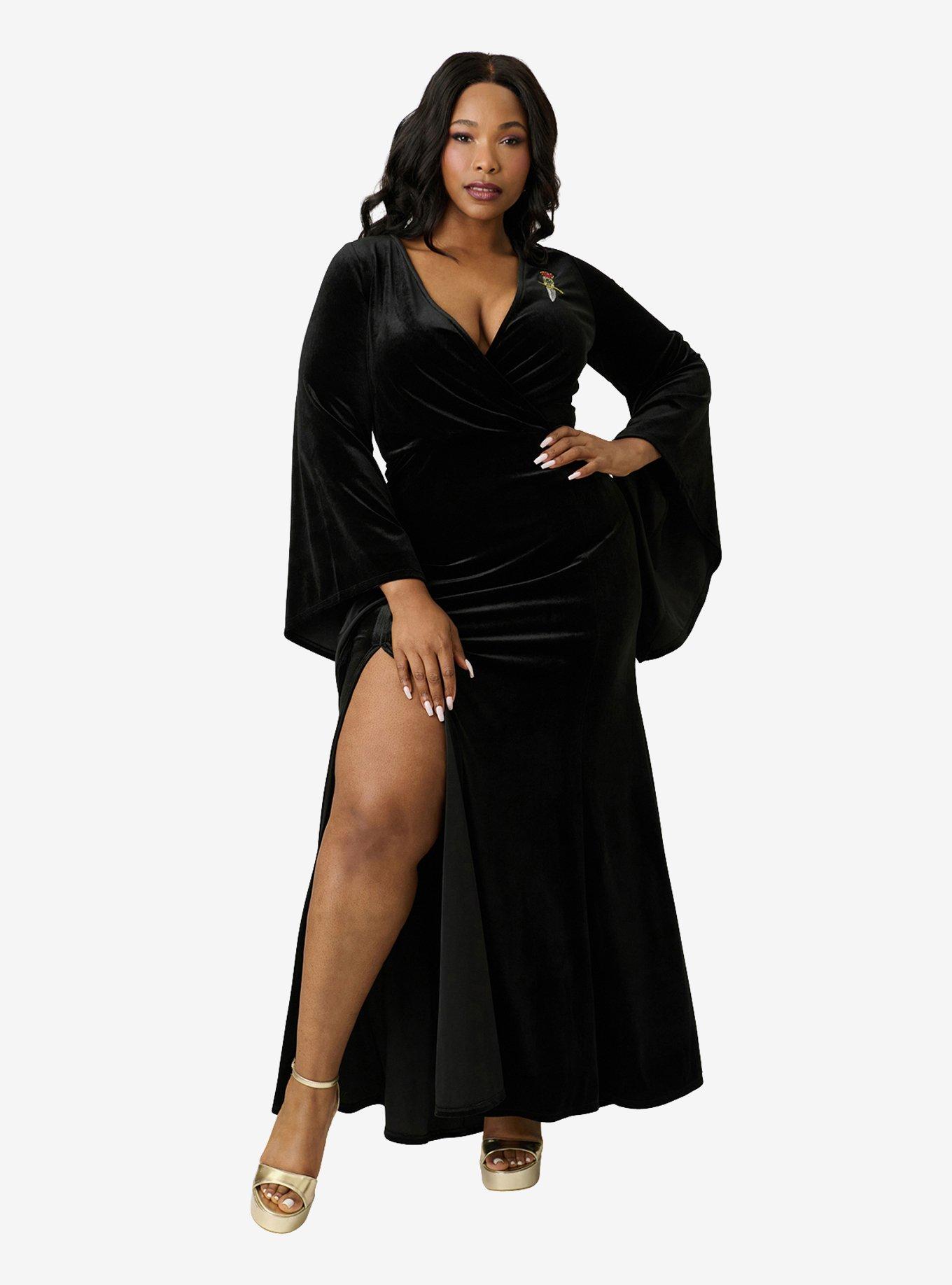 Elvira x Unique Vintage Plus Size Black Dagger Velvet Maxi Dress, , hi-res