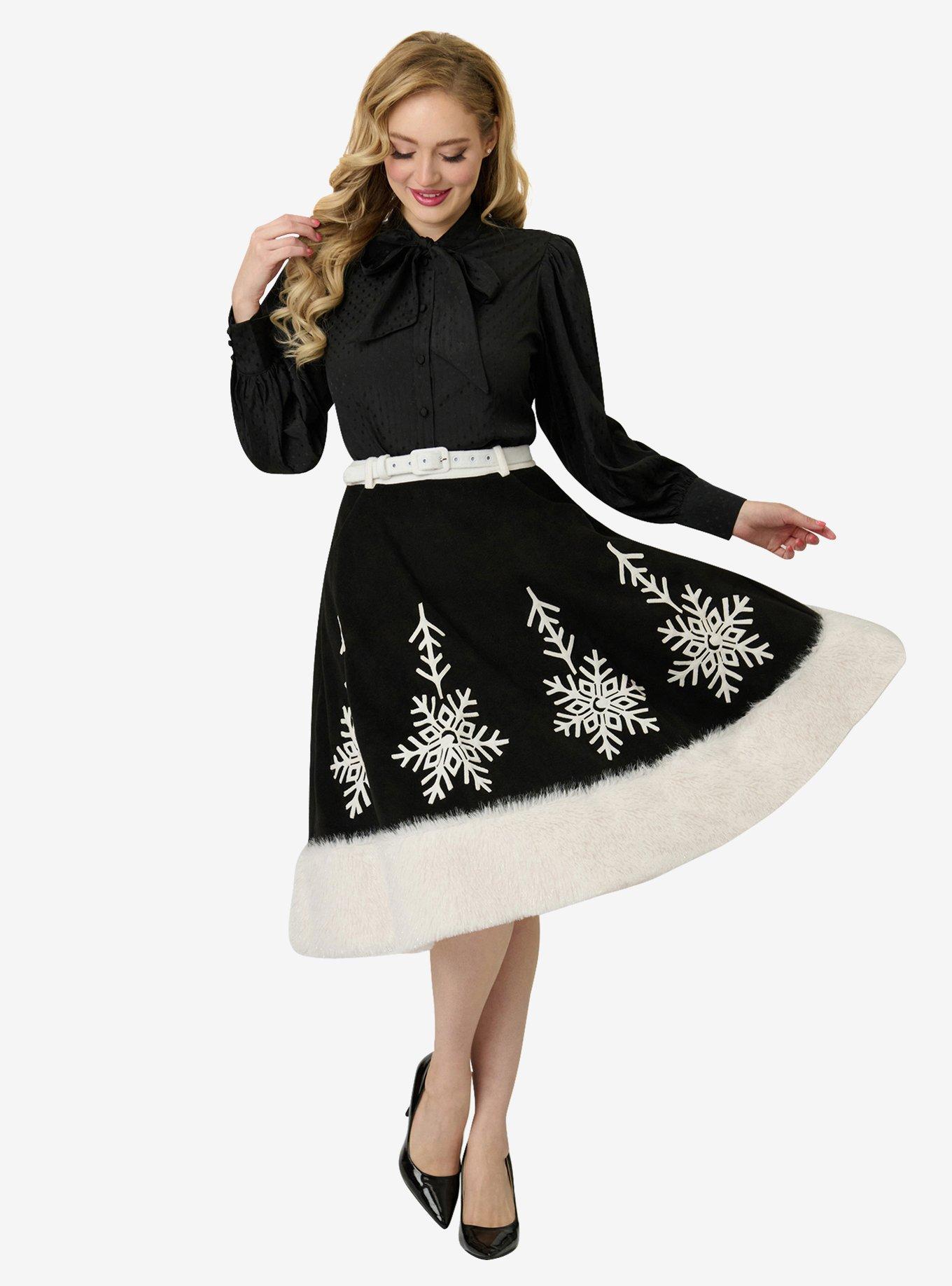 Unique Vintage Black Felt & White Fur Snowflake Soda Shop Swing Skirt, , hi-res